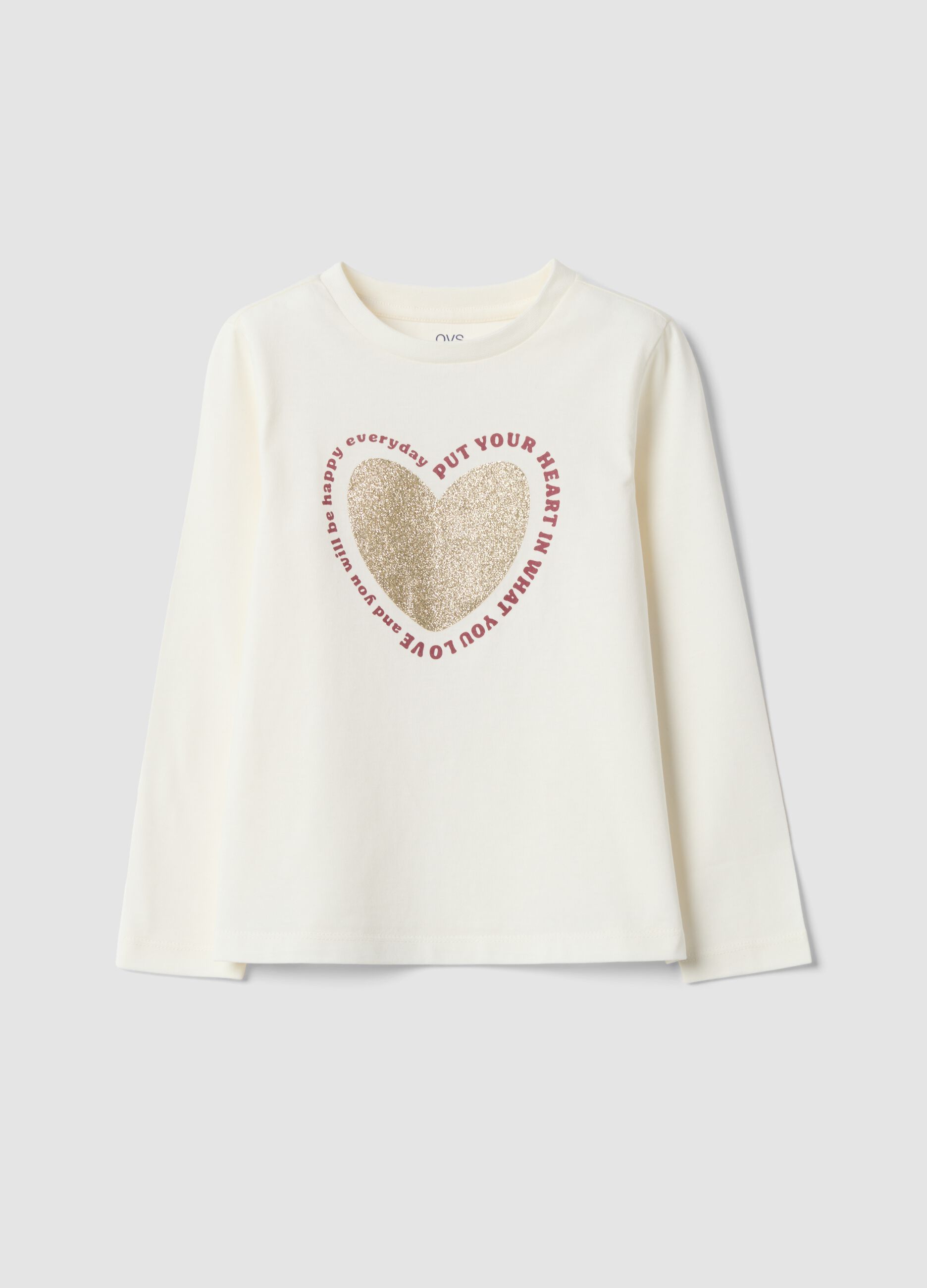 White organic cotton T-shirt with heart print for girls