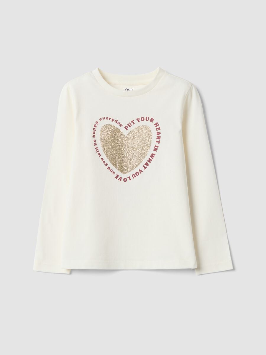 White organic cotton T-shirt with heart print for girls_0
