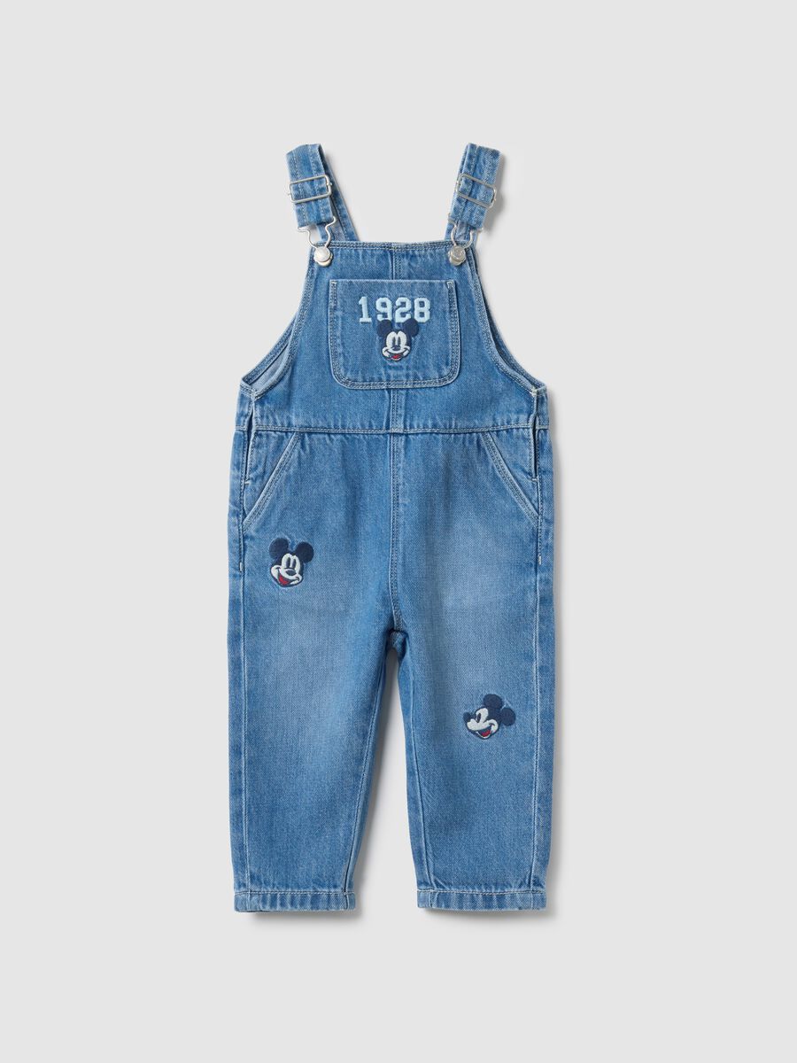 Blue denim pure cotton dungarees regular fit with embroidery for boys_0
