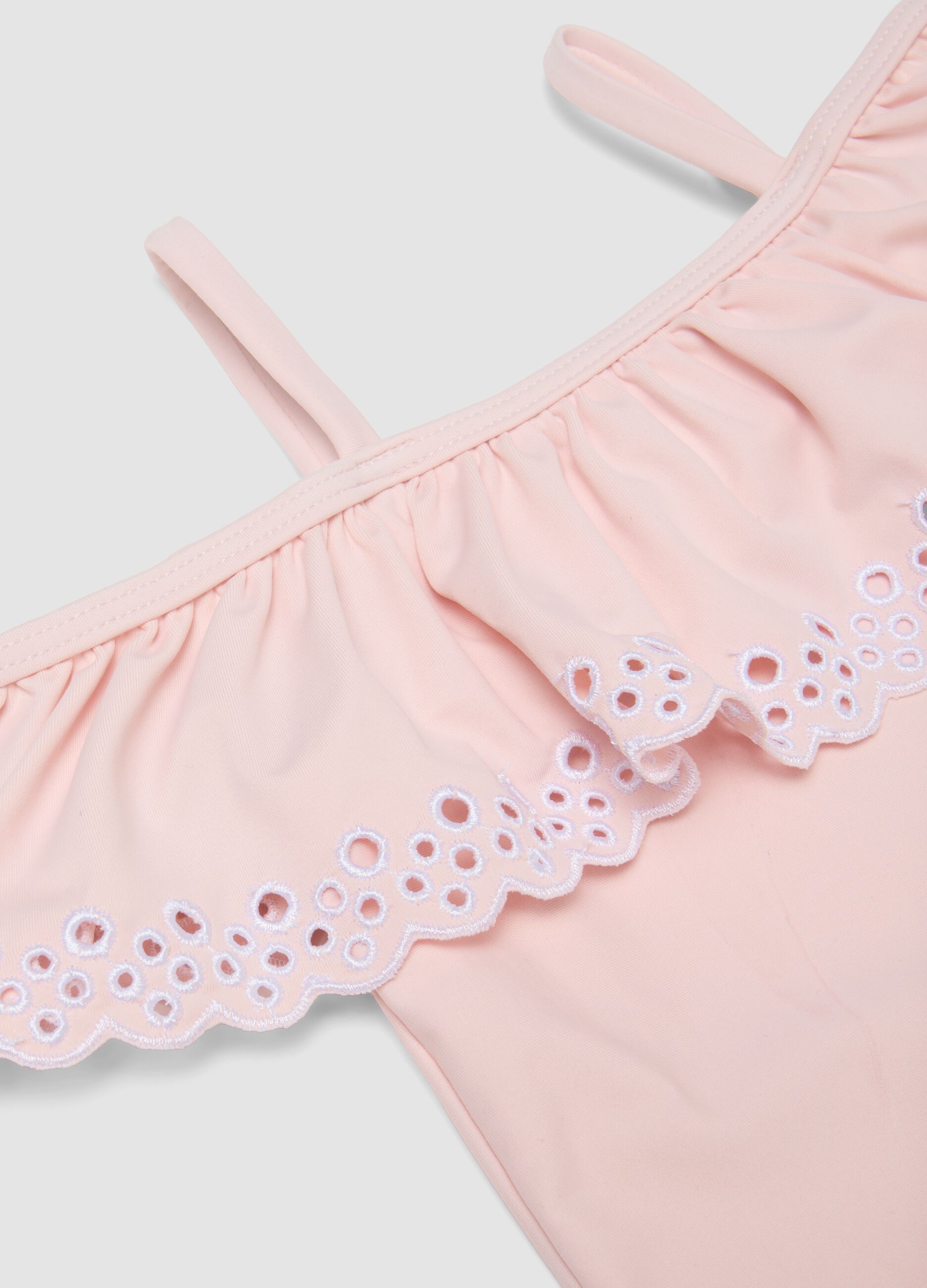 Pink girls&rsquo; swimsuit in stretch fabric with ruffle