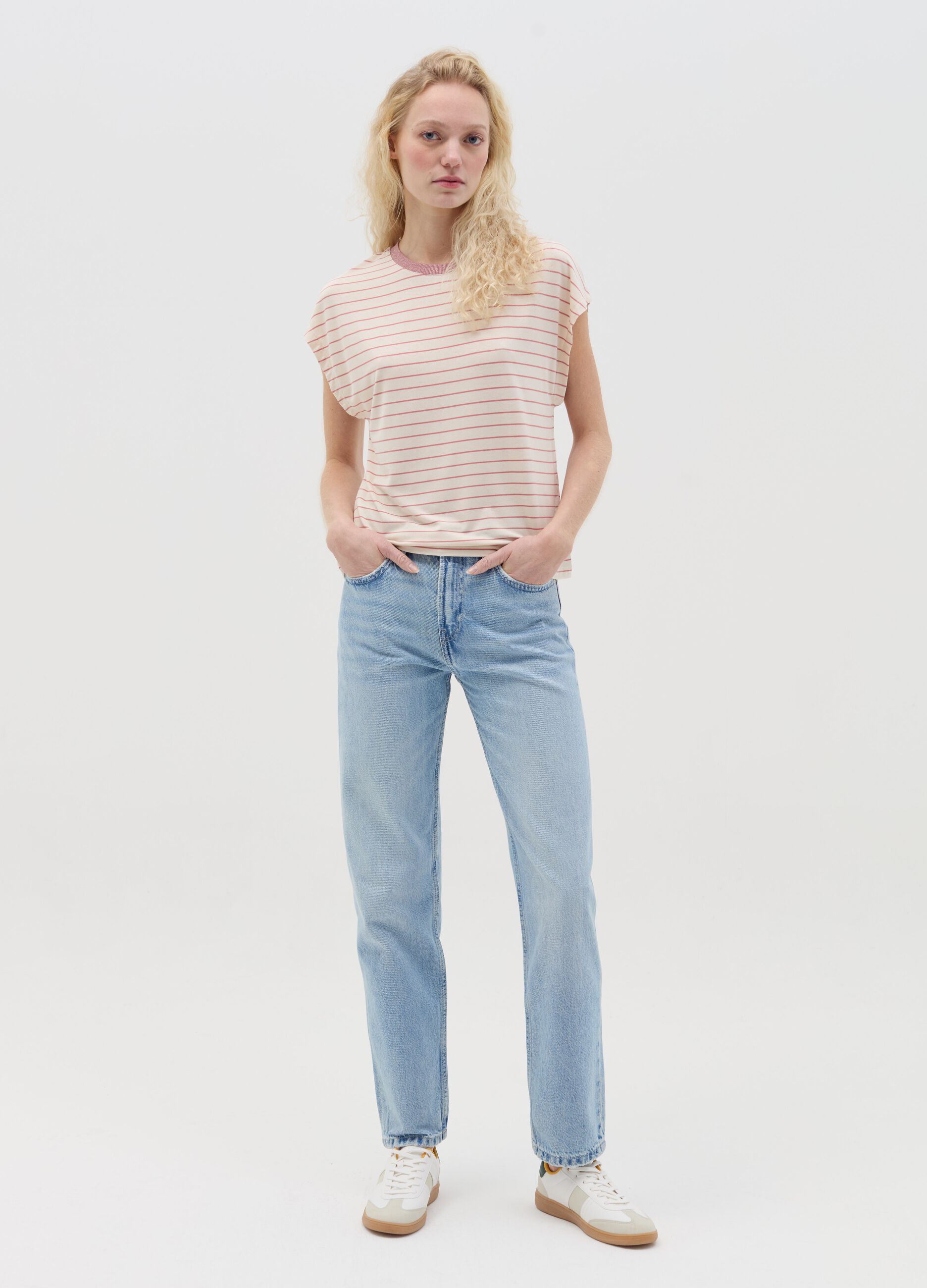Pink and beige striped T-shirt with short sleeves