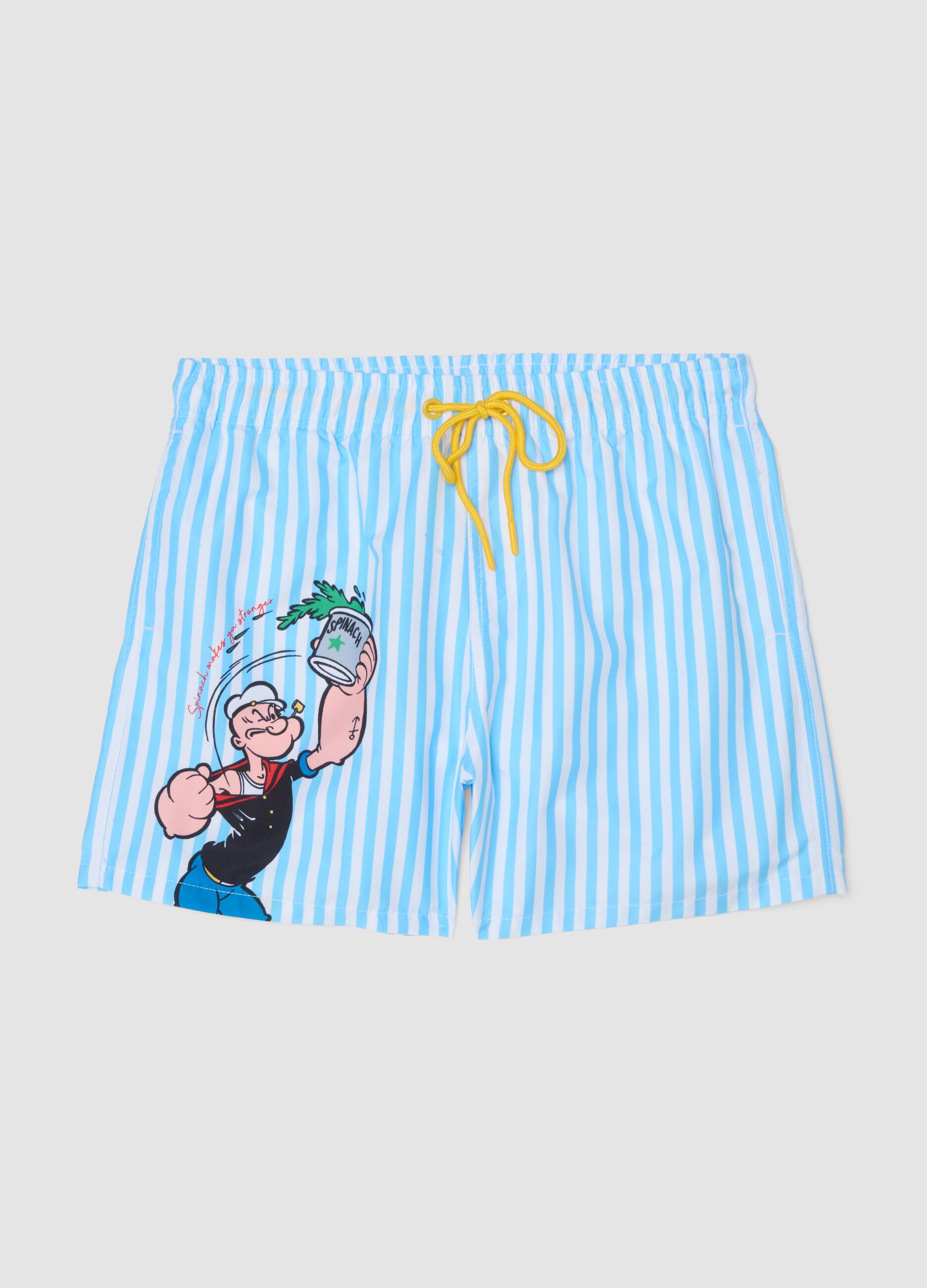 Multicolour striped swim shorts with Popeye print