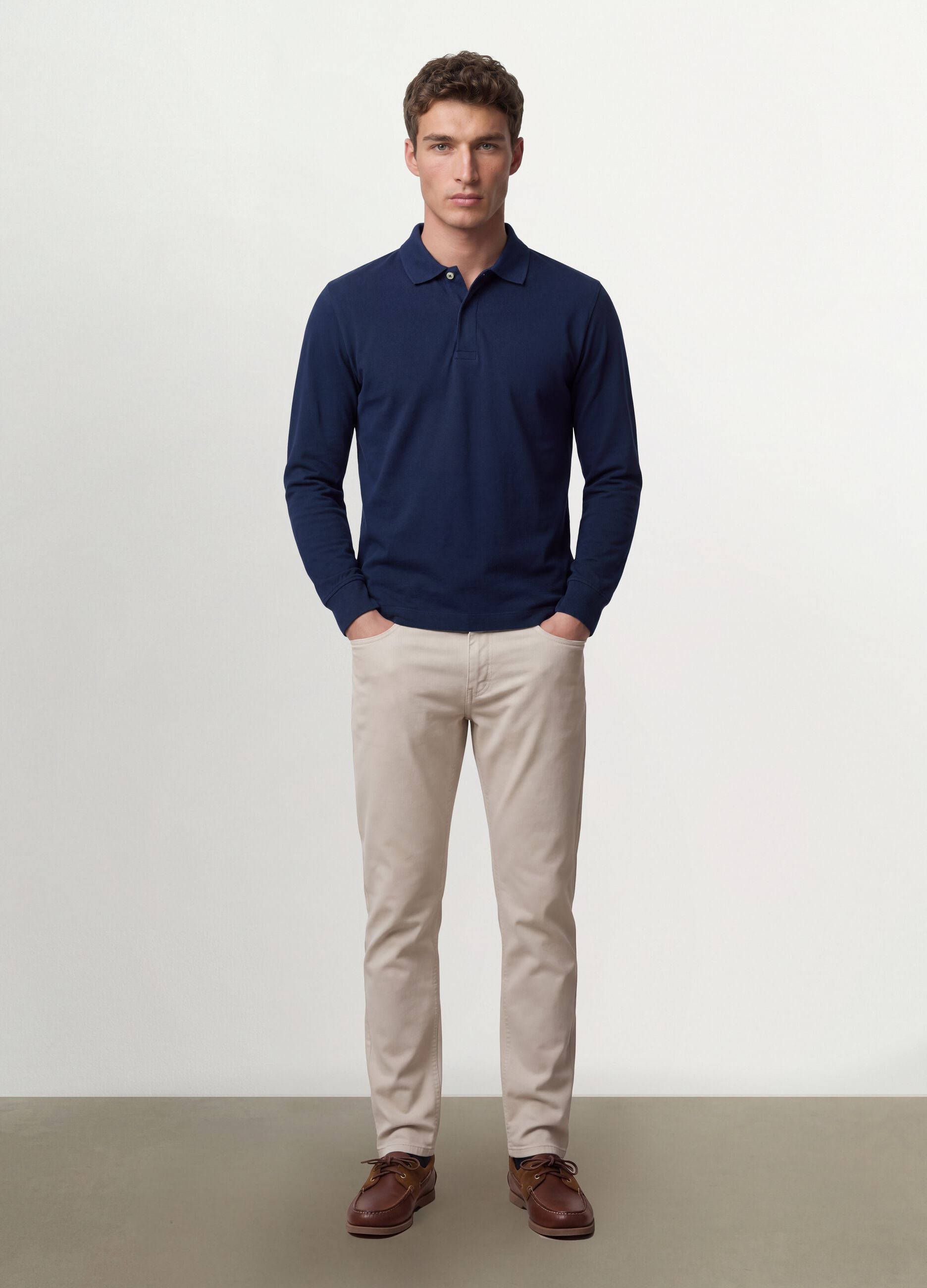 Navy stretch-cotton long-sleeve polo shirt, regular fit