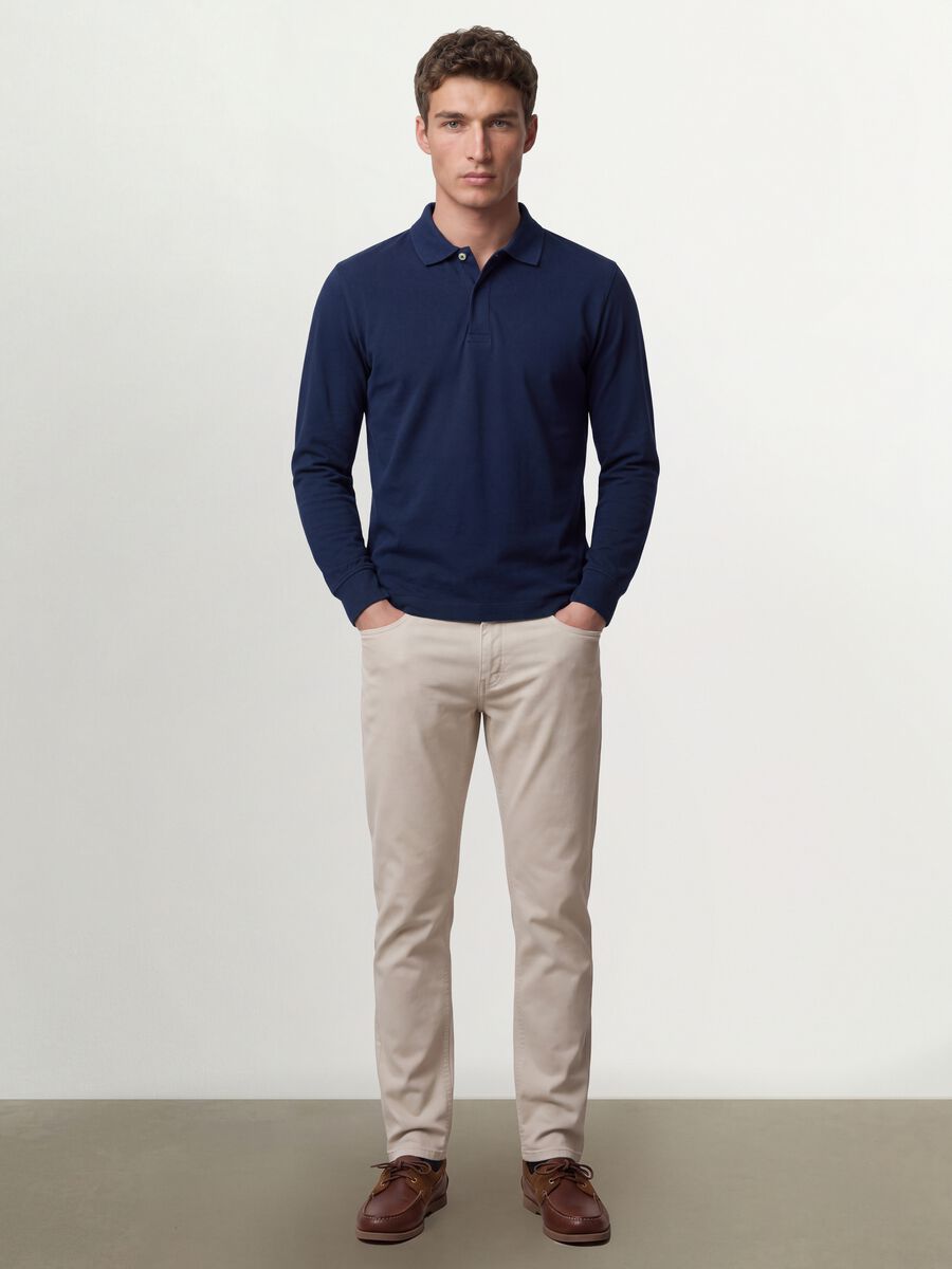 Polo blu in cotone elasticizzato a maniche lunghe regular fit_1