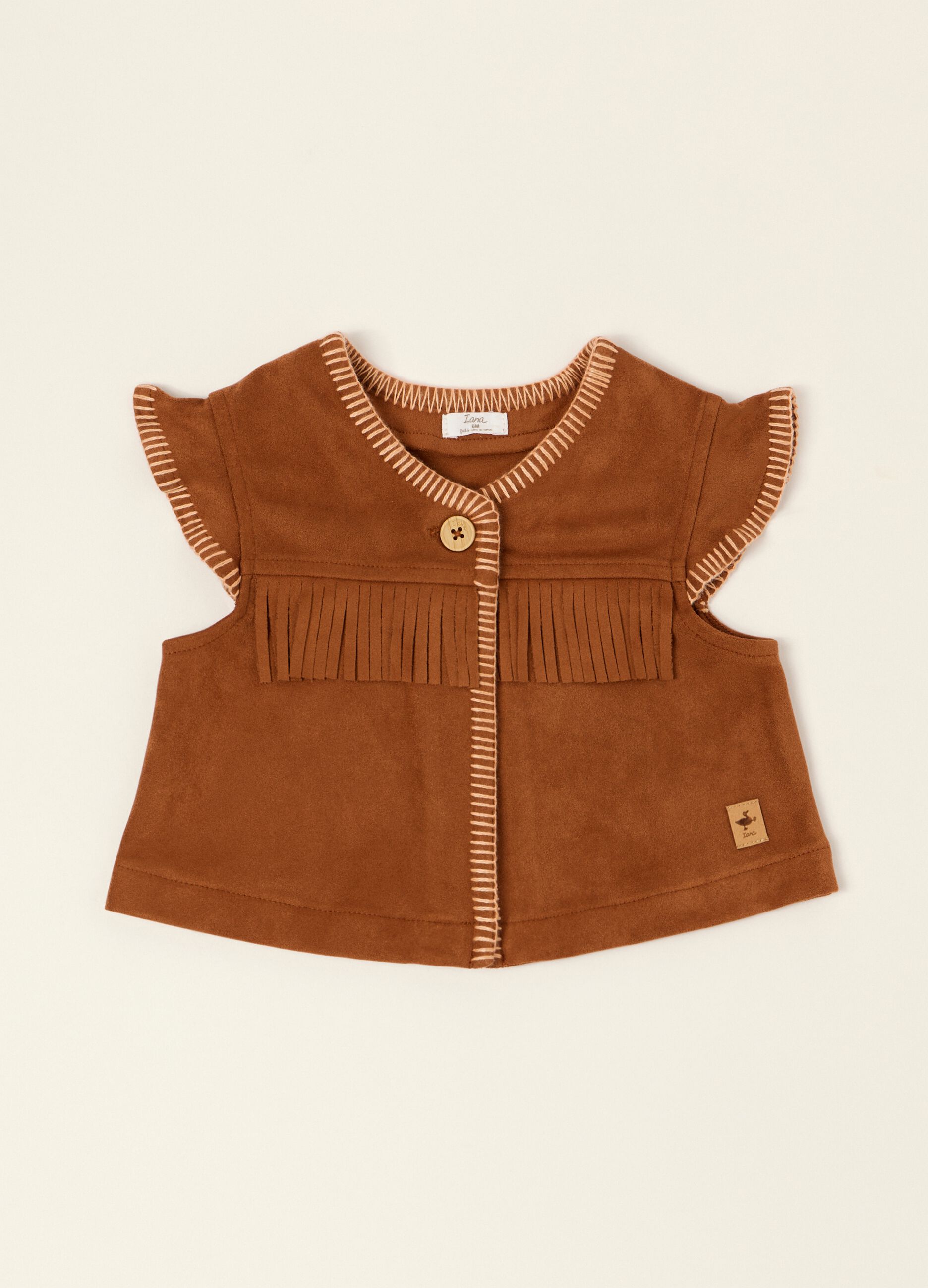 Brown baby girl gilet with fringe details in stretch fabric