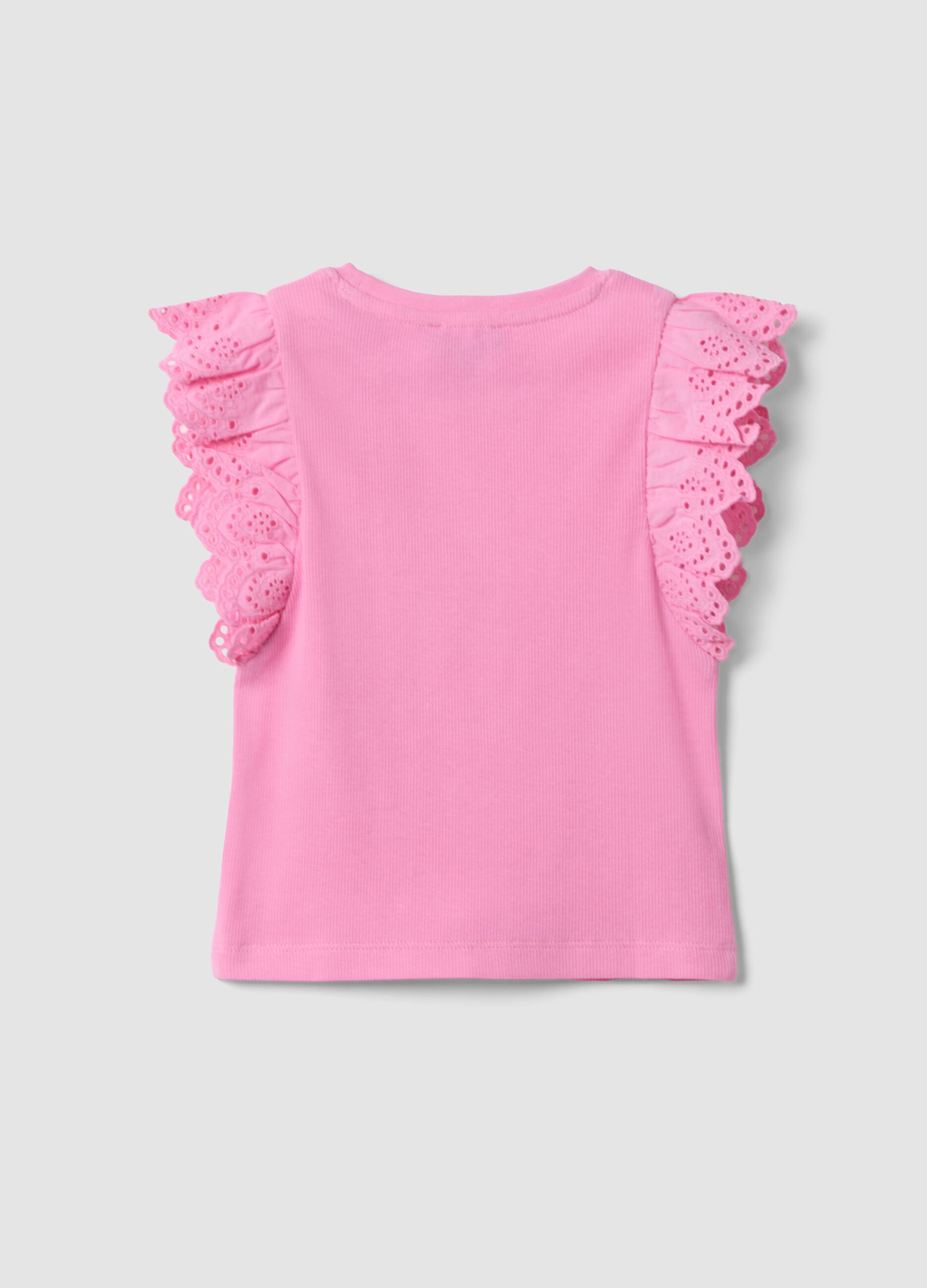 Girls&rsquo; pink stretch cotton vest top with ruffles
