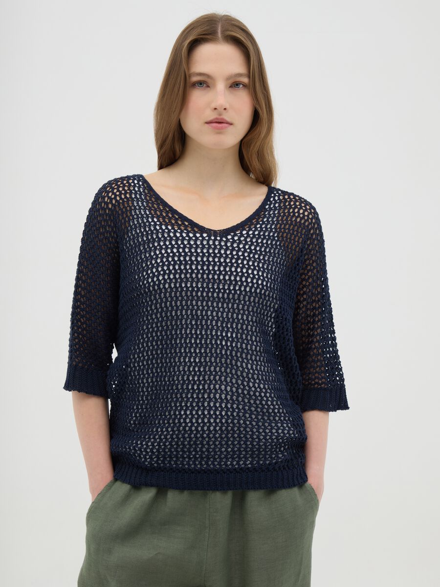 Women's blue cotton sweater with regular fit_0