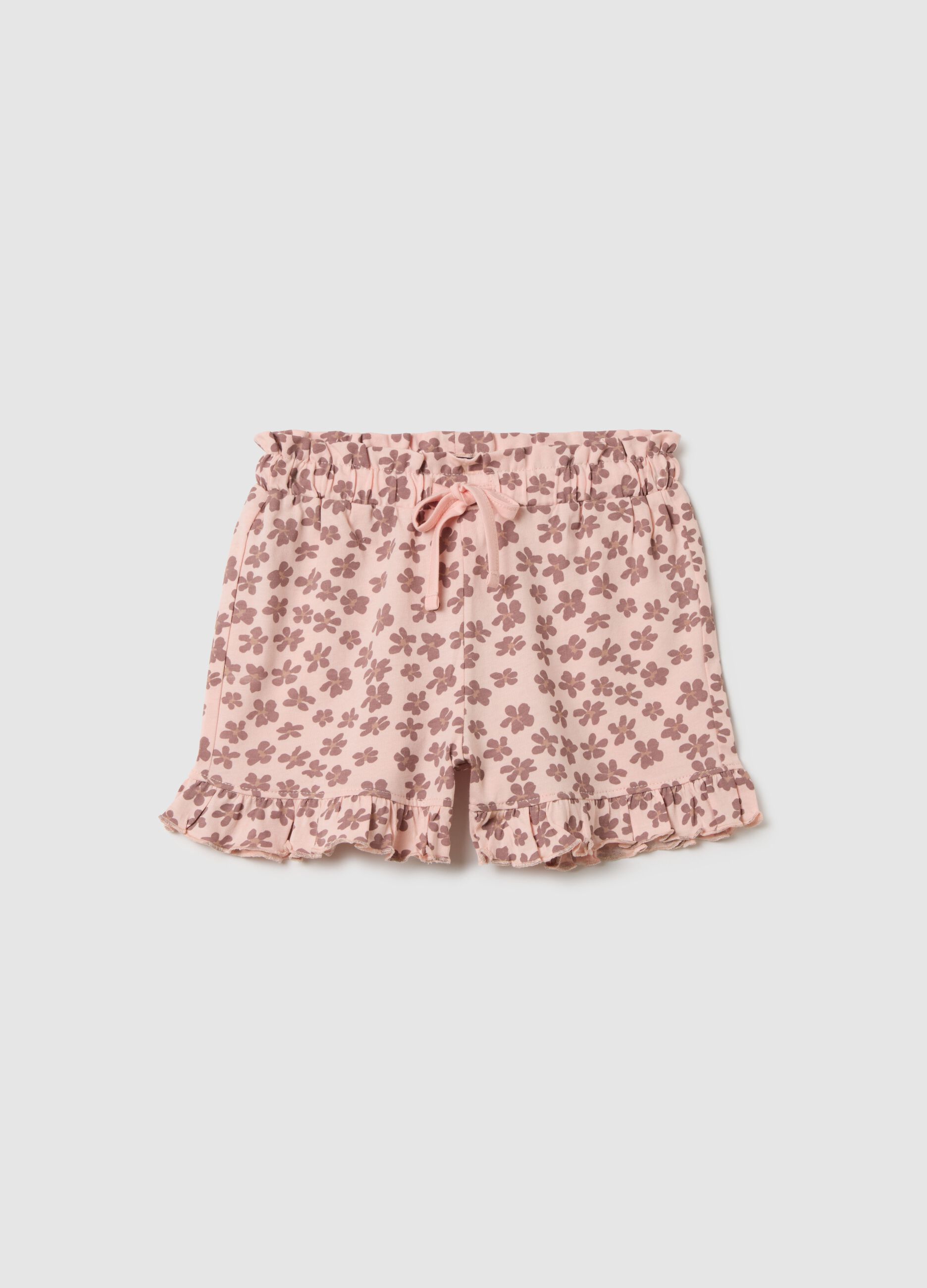 Girl's pure cotton pink regular fit shorts with ruffles