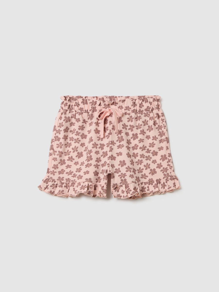Girl's pure cotton pink regular fit shorts with ruffles_0