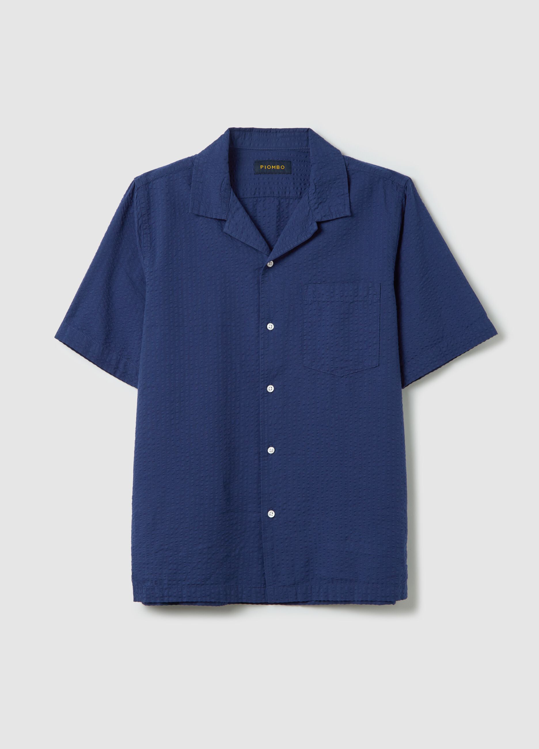 Camicia da uomo in puro cotone blu regular fit con colletto bowling