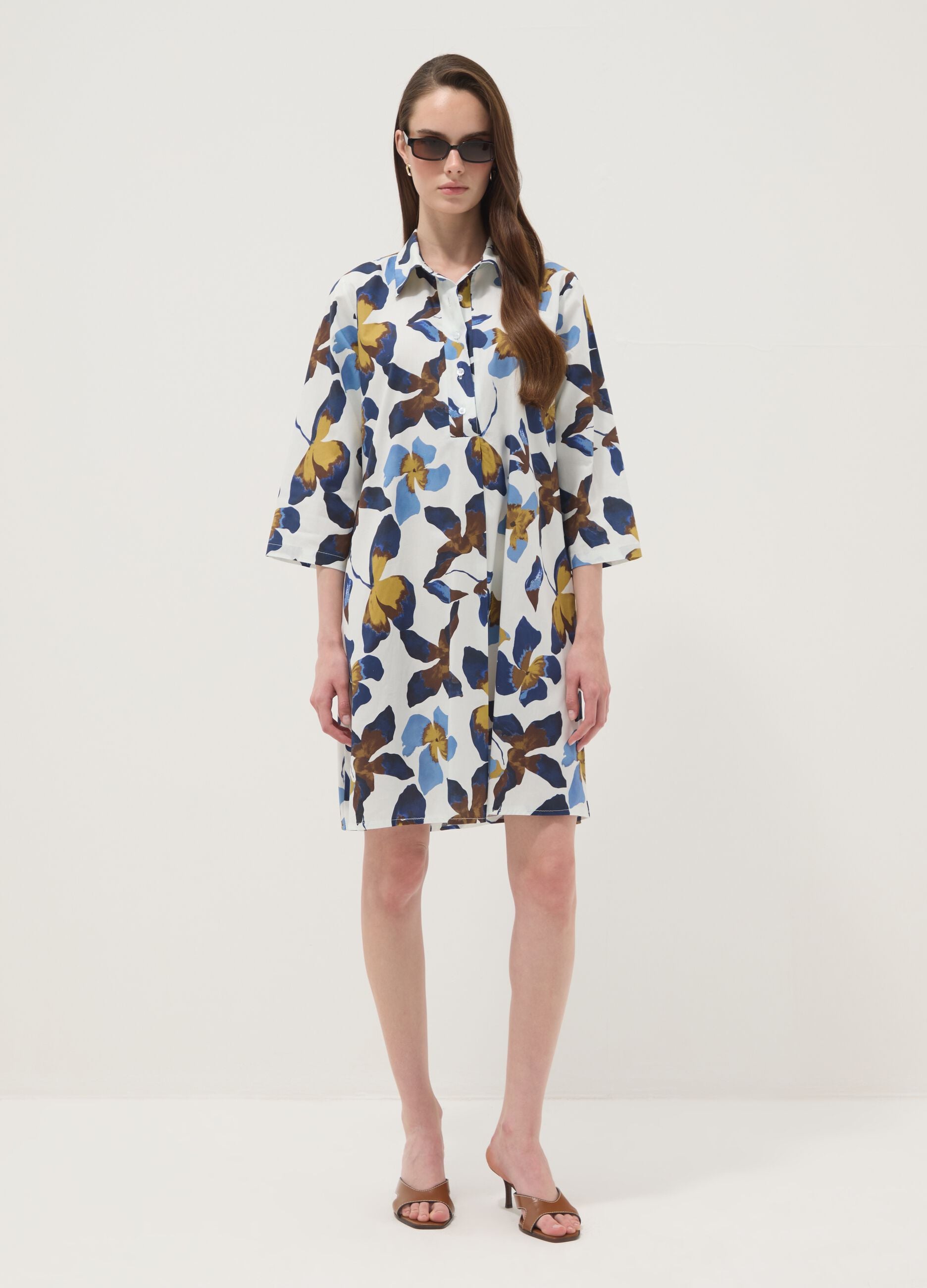 Multicolour floral print oversized stretch cotton dress