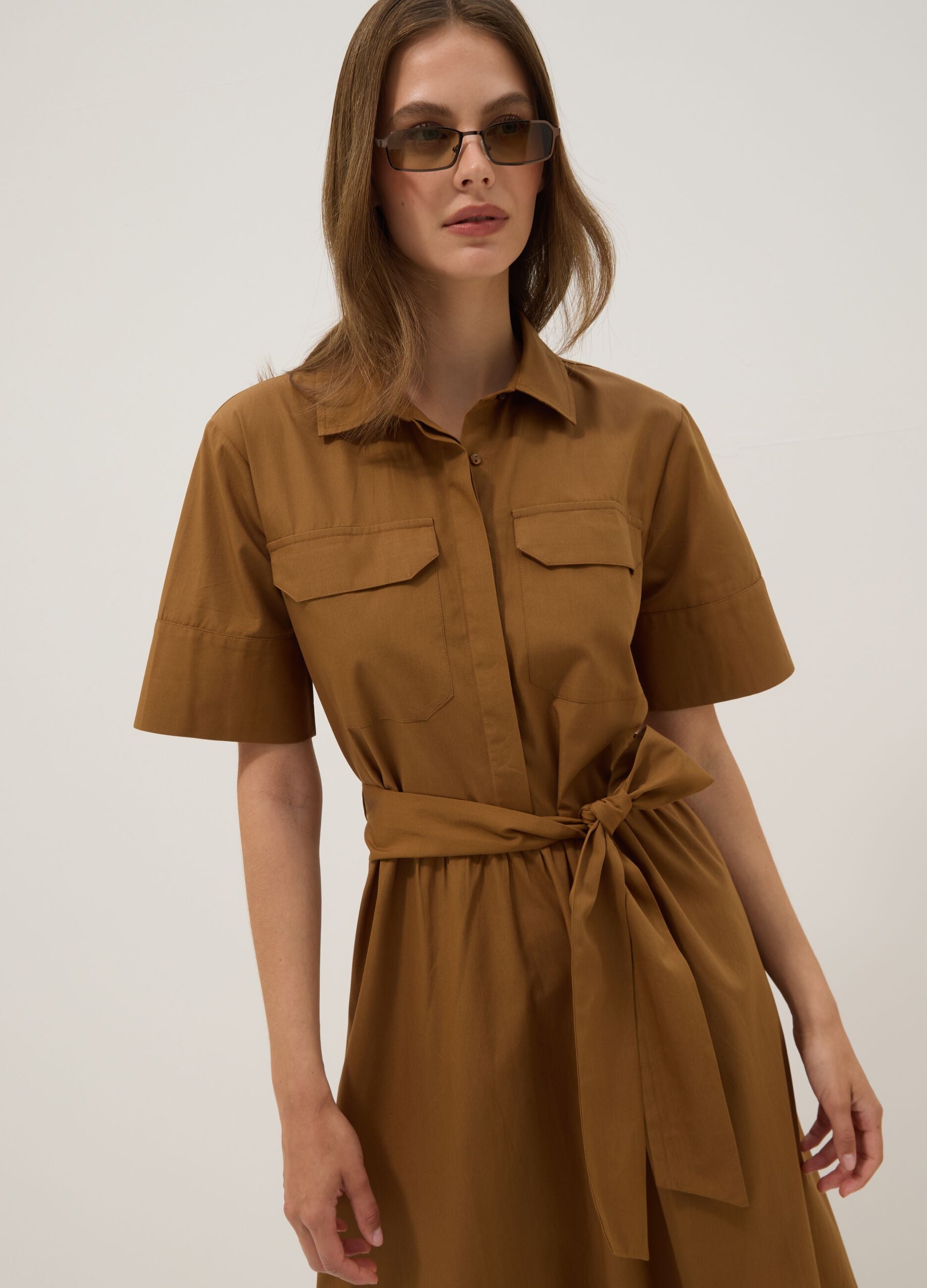 Brown pure cotton shirt dress, regular fit