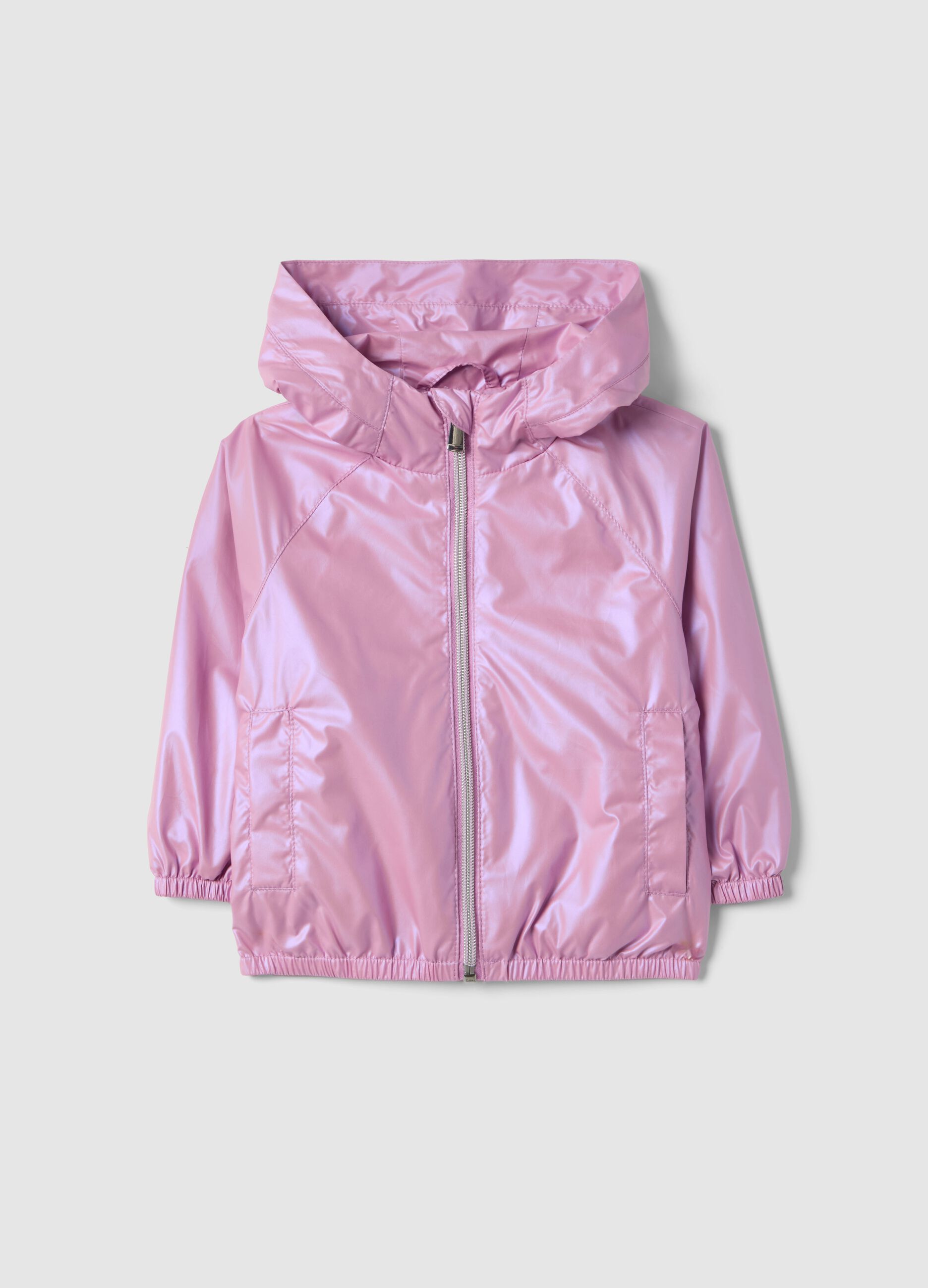 Pink waterproof girl's jacket regular fit with zip and hood