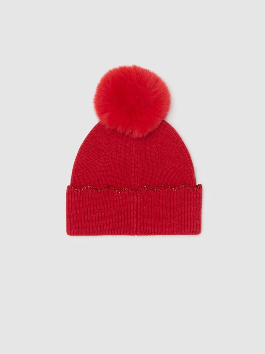 Red girl’s hat with pom pom and glitter_1