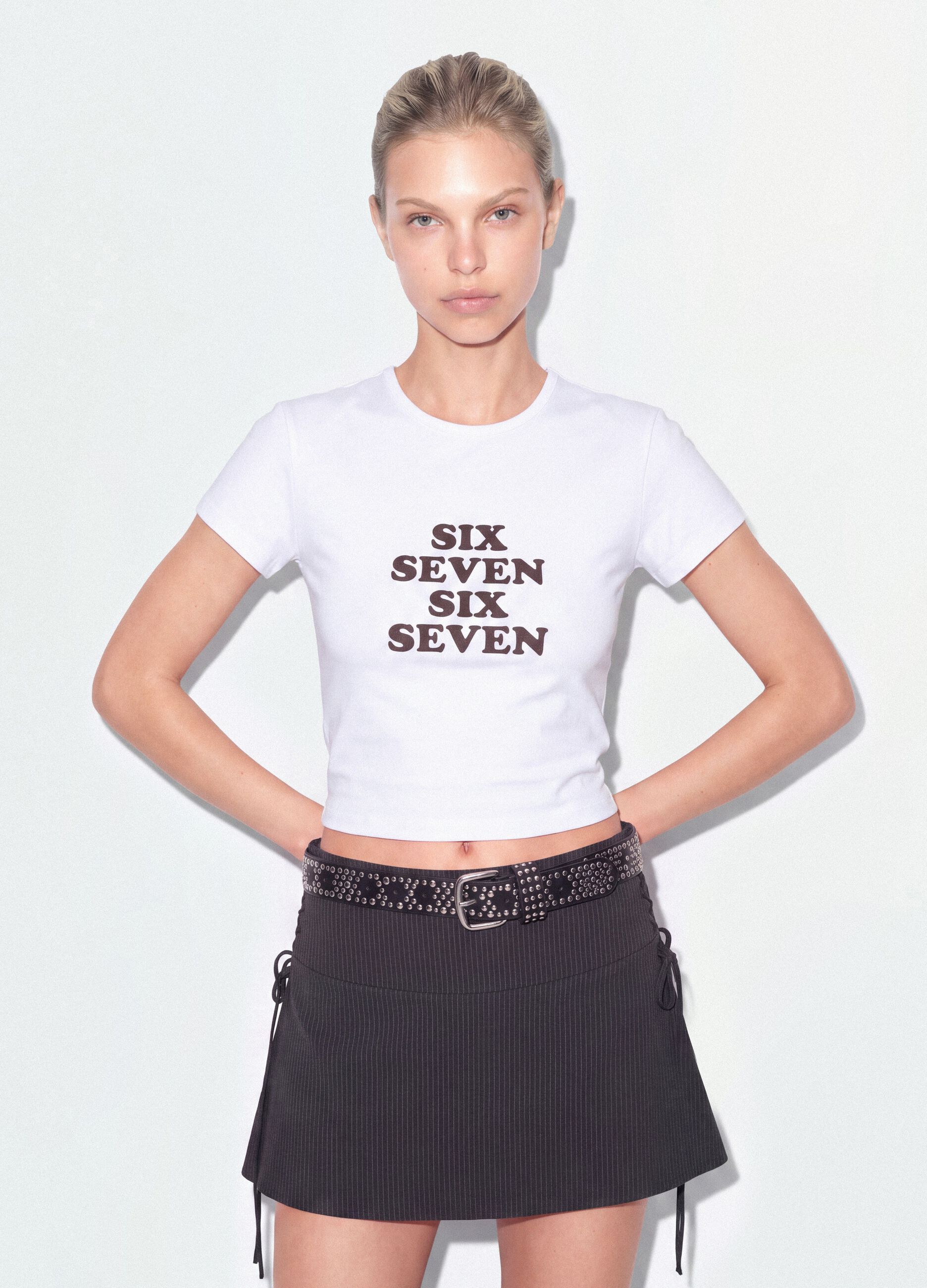 White fitted pure cotton T-shirt with Six Seven front print