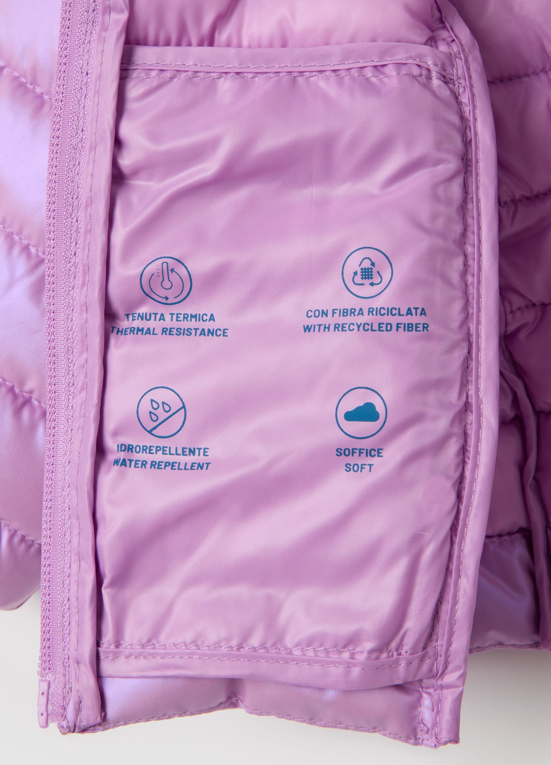 Purple padded girl's jacket with hood and zip