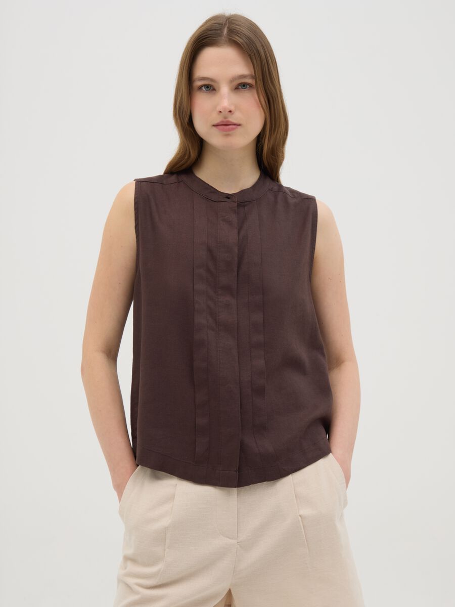 Women's Sleeveless Brown Linen Shirt Regular Fit_0