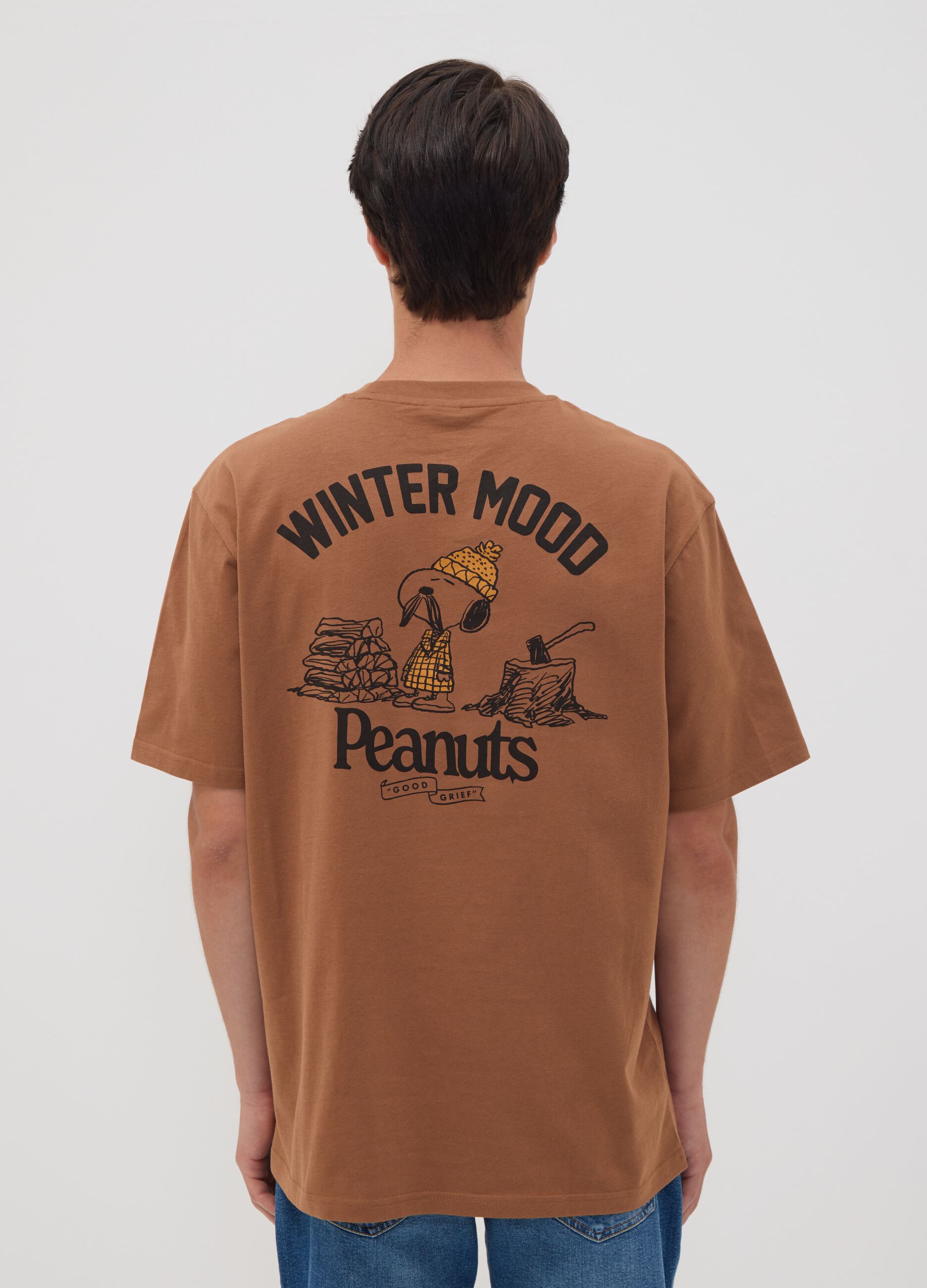 Brown pure cotton Peanuts print T-shirt, relaxed fit