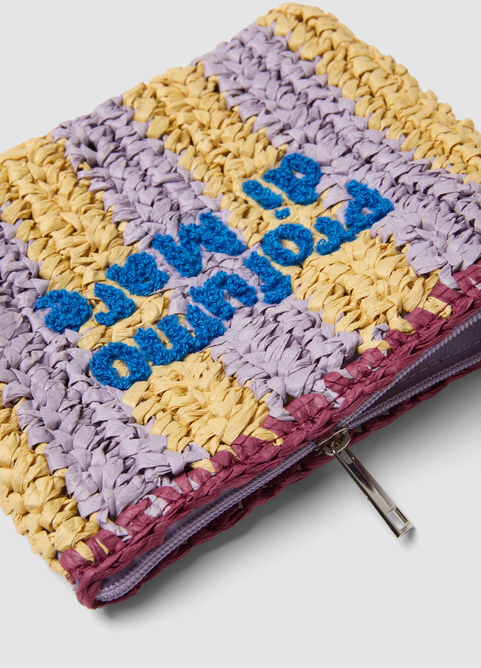 Multicolour clutch in pure woven paper fabric with slogan