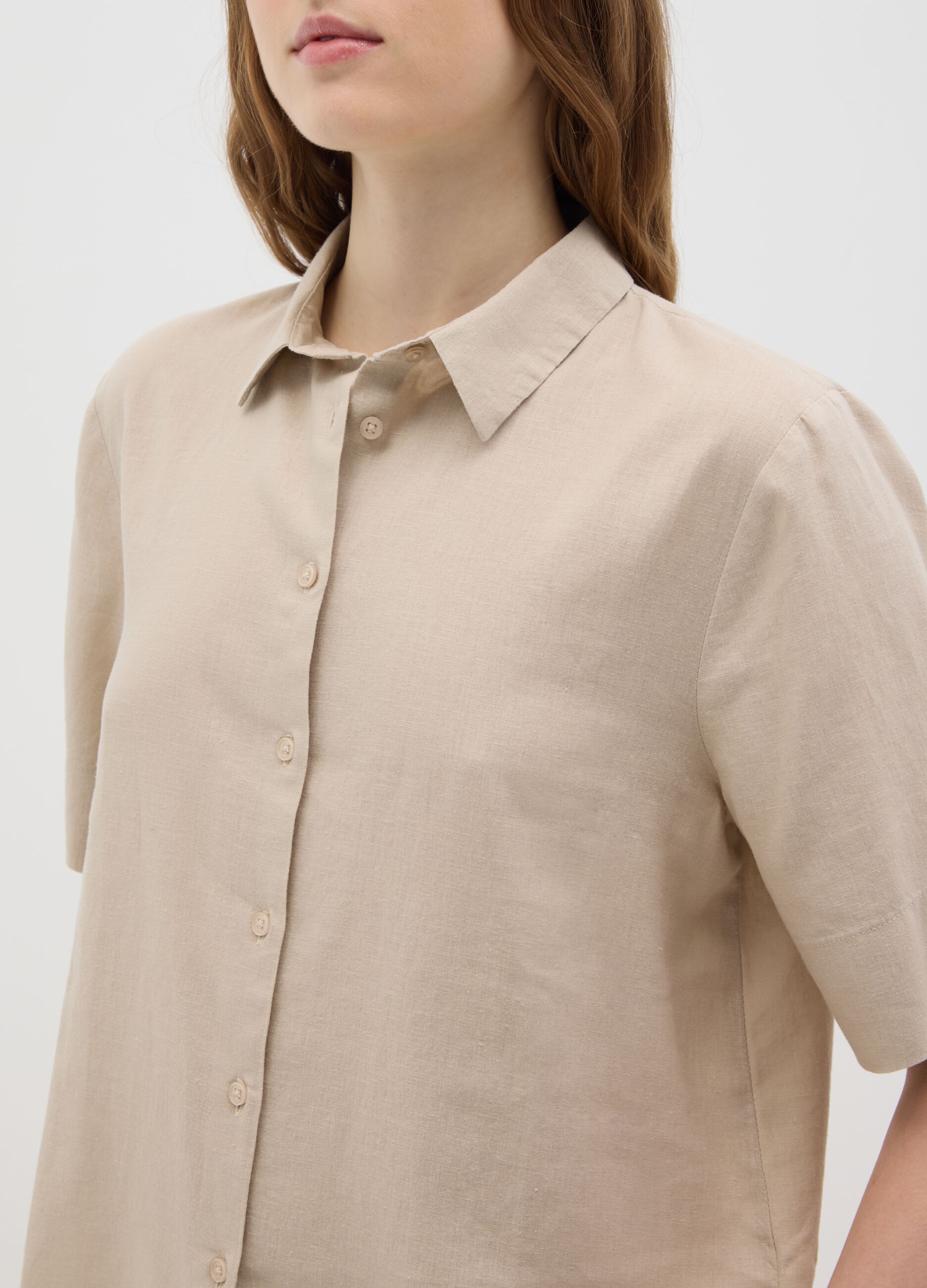 Women's beige linen blend regular fit shirt without buttons