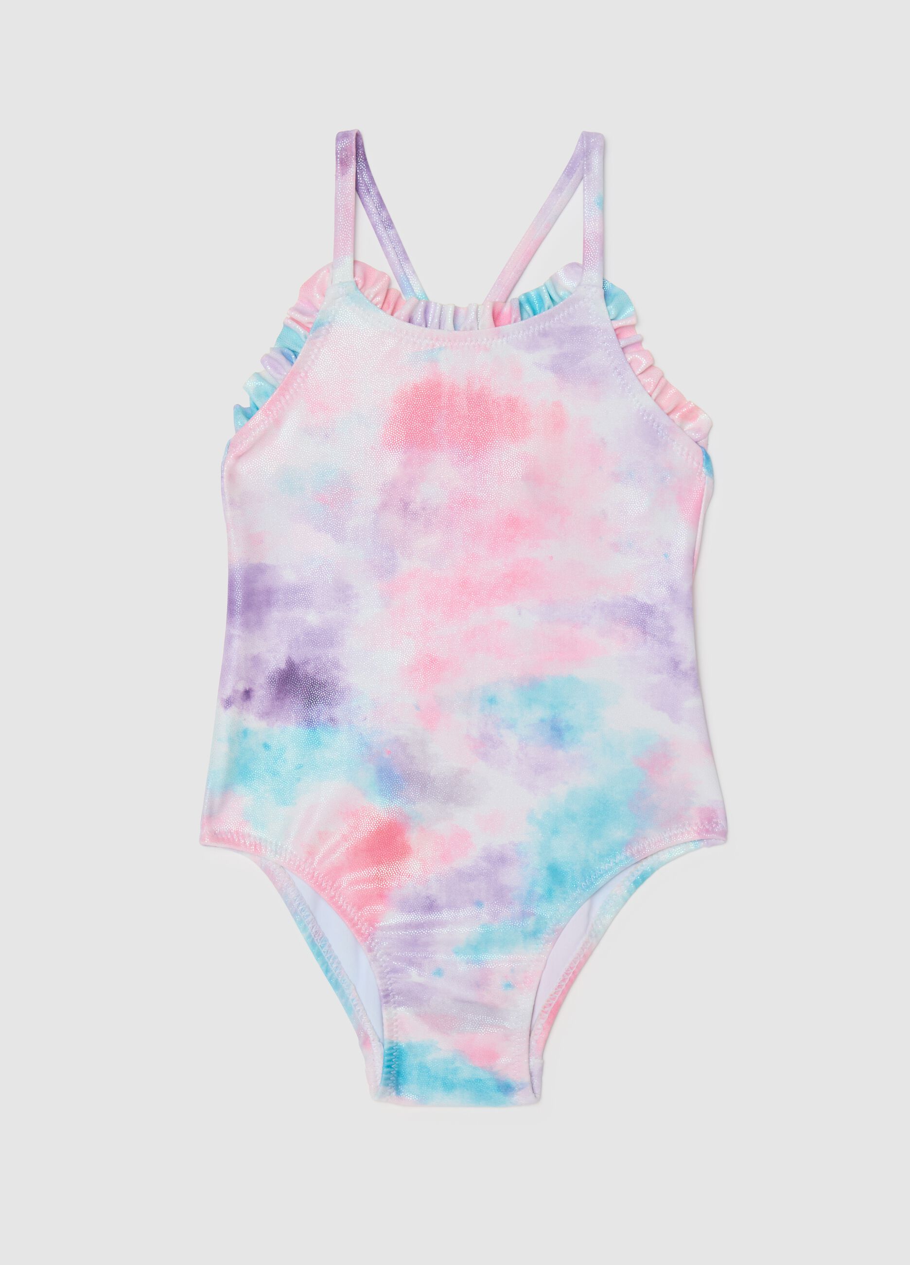 Costume intero da bambina in misto elasticizzato multicolor con volant decorativi