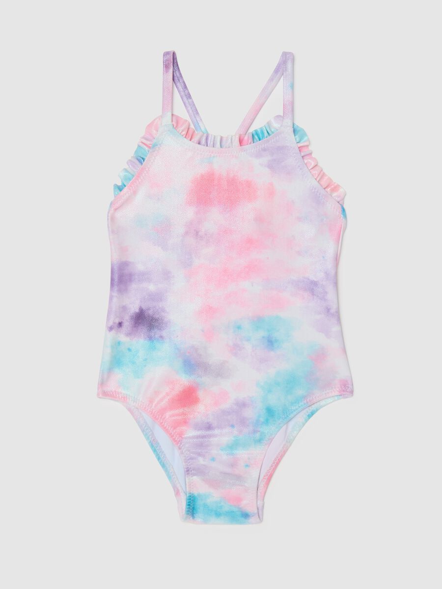Costume intero da bambina in misto elasticizzato multicolor con volant decorativi_0
