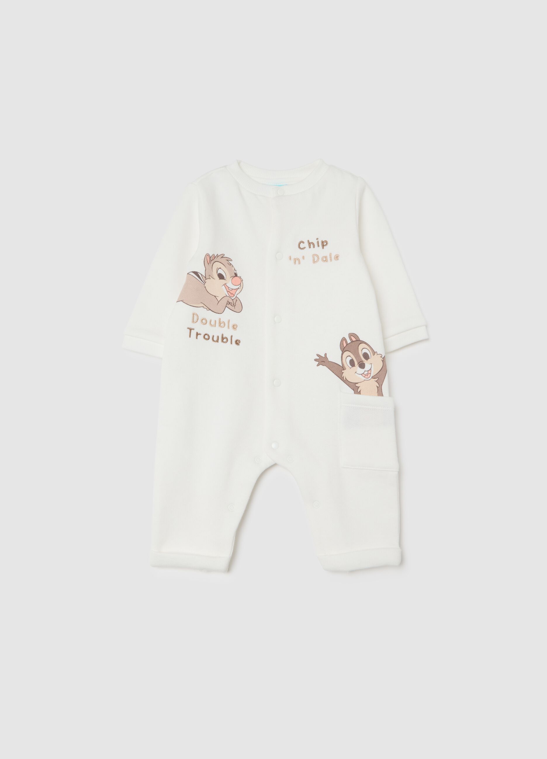White cotton baby romper with characters