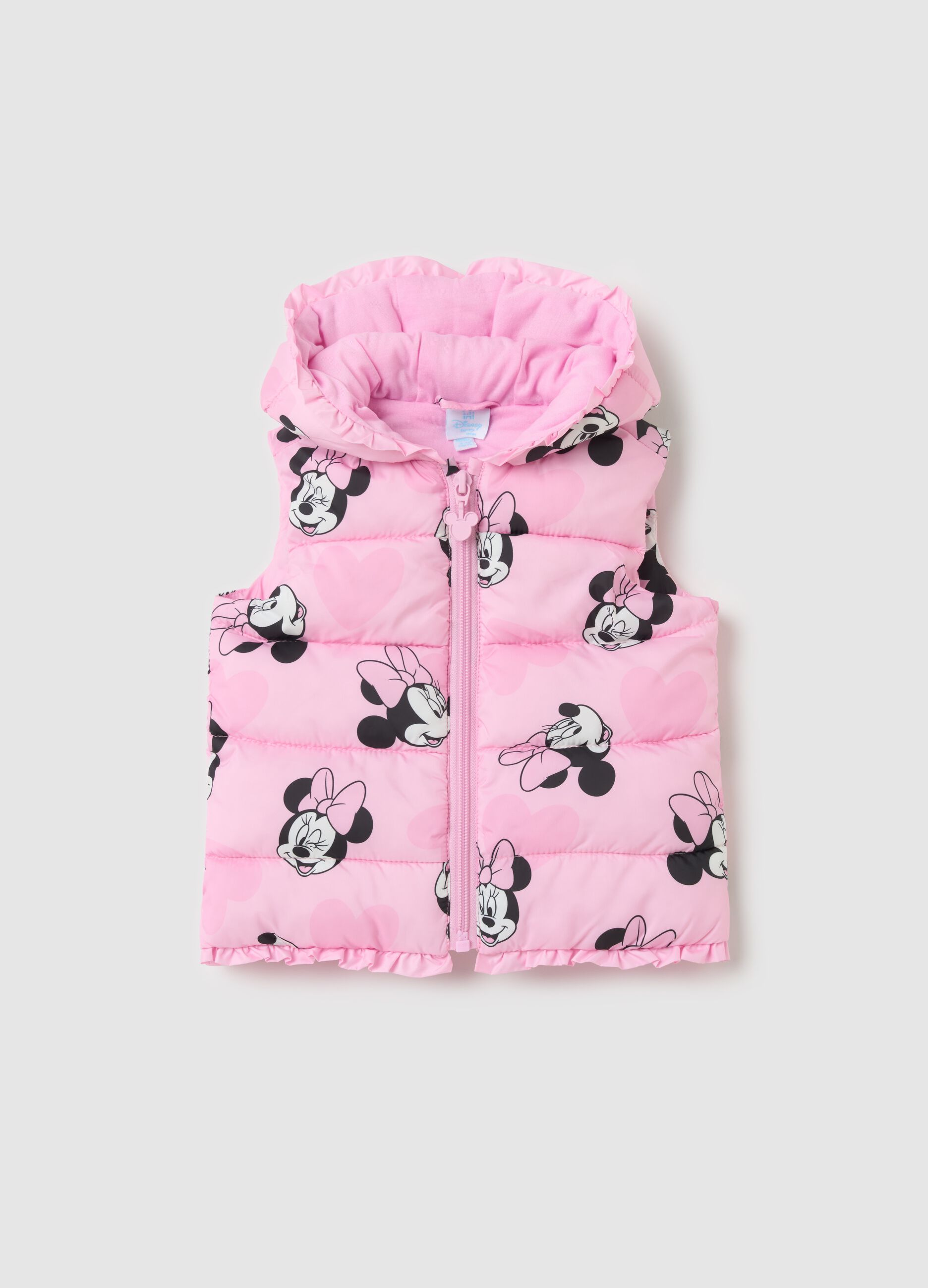 Padded gilet with hood and Minnie Mouse print