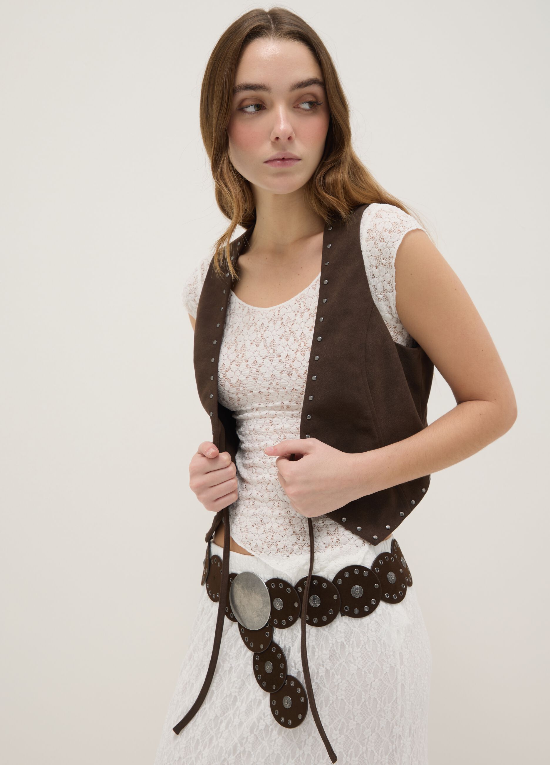 Brown string-closure vest without buttons, regular fit