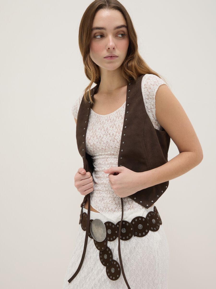Brown string-closure vest without buttons, regular fit_0