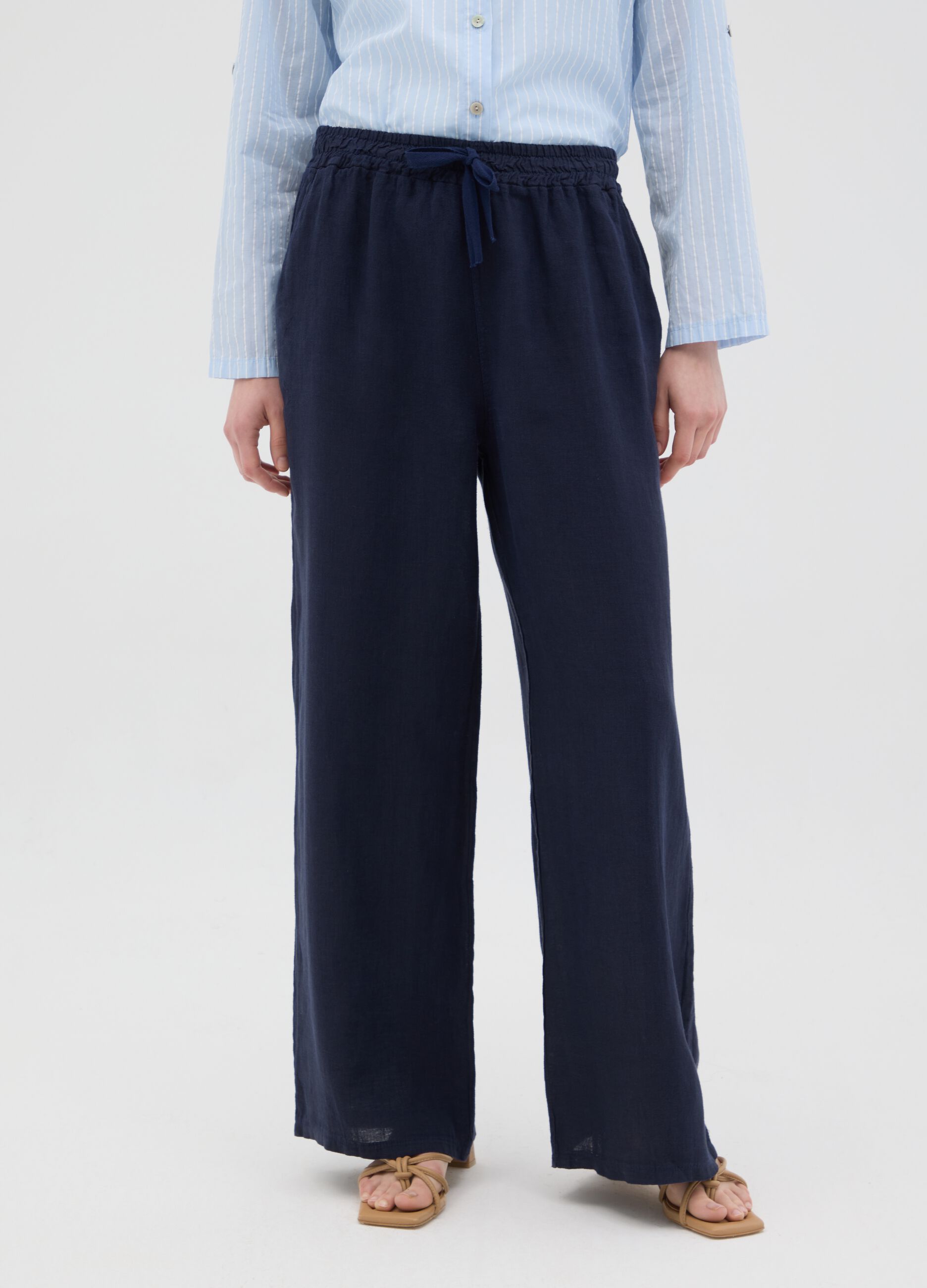 Women's pure blue linen trousers with regular fit