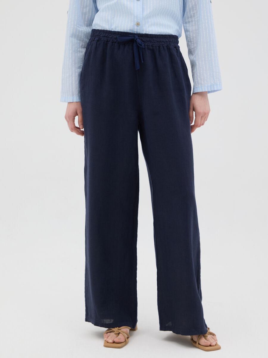 Women's pure blue linen trousers with regular fit_1