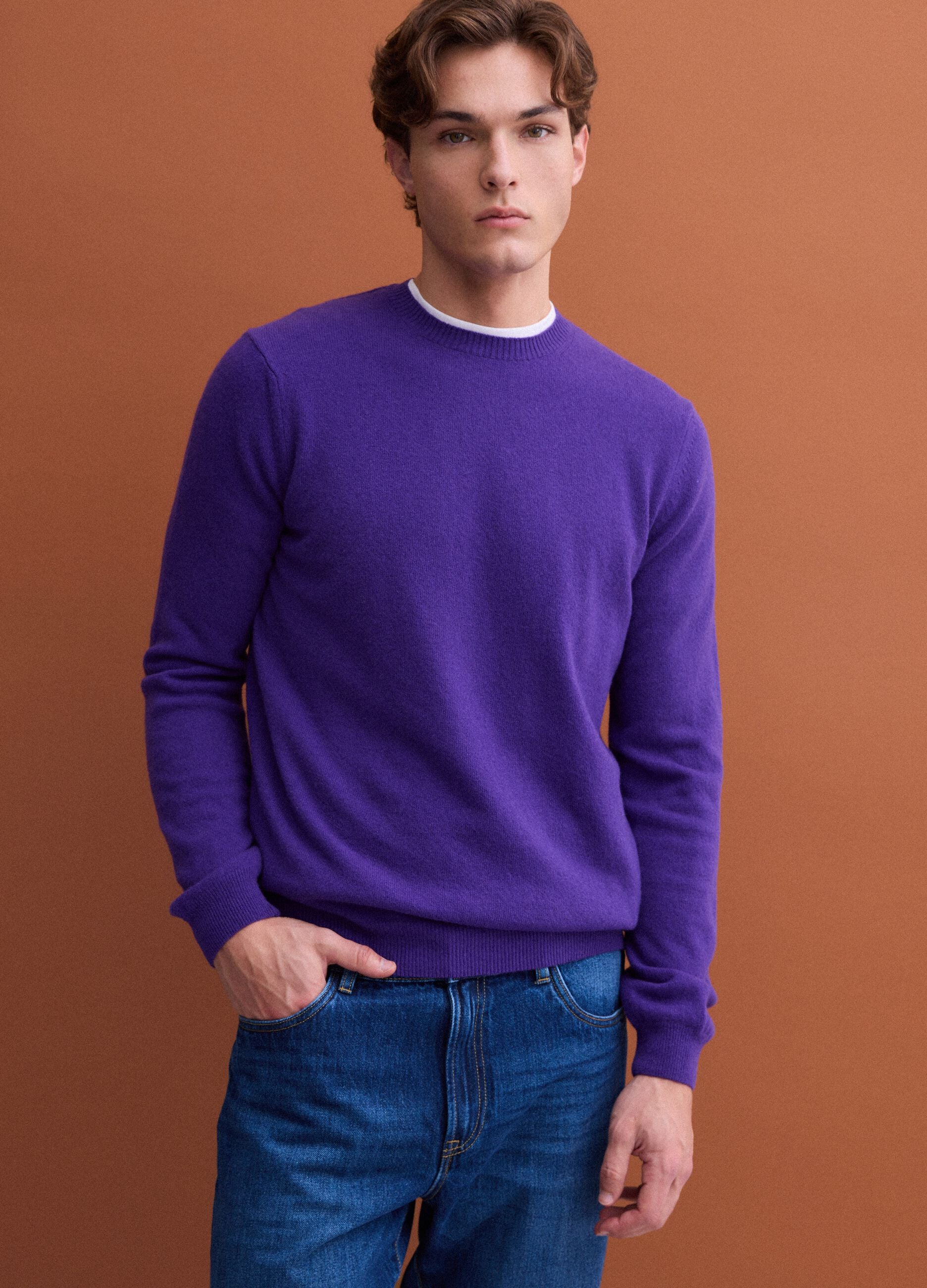 Purple pure wool crew-neck jumper, regular fit