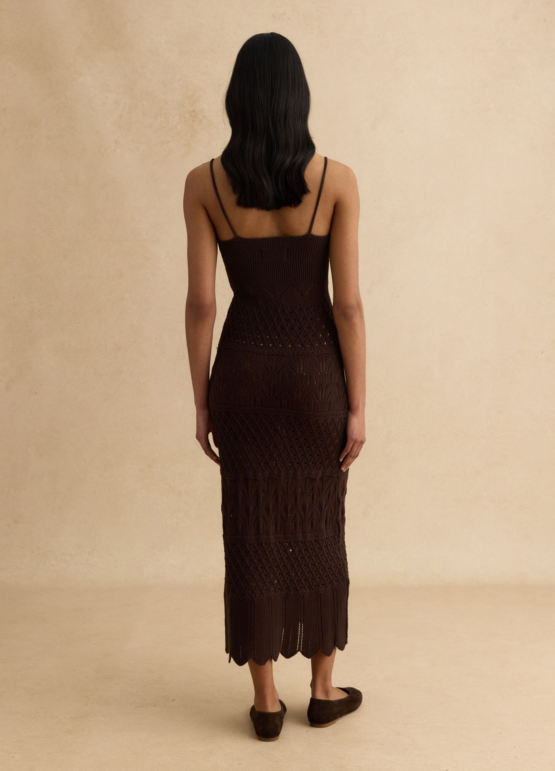 Abito in crochet di puro cotone marrone slim fit
