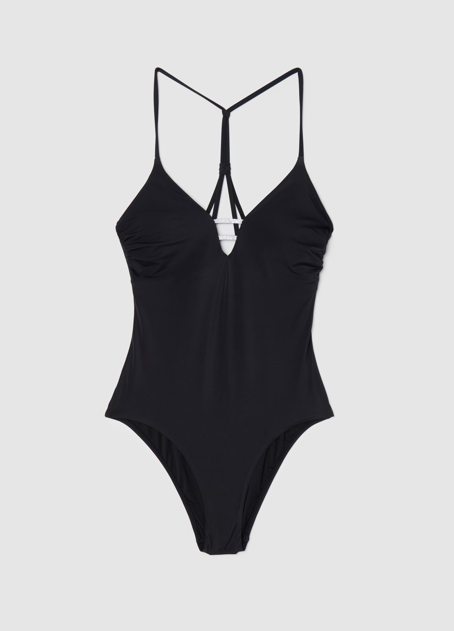 Costume da bagno da donna in tessuto elasticizzato nero con strass