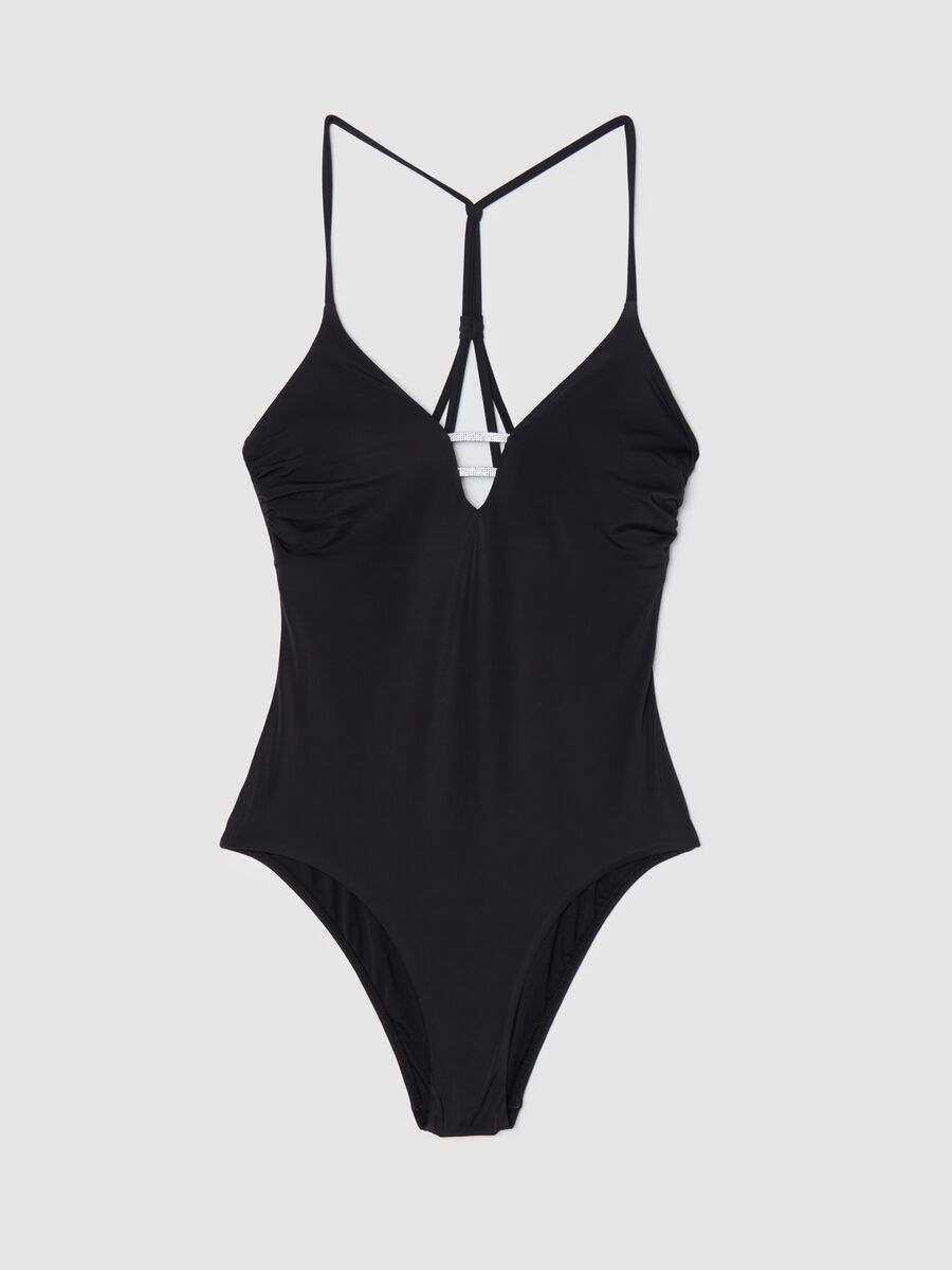 Women’s swimsuit in black stretch fabric with diamanté details_5