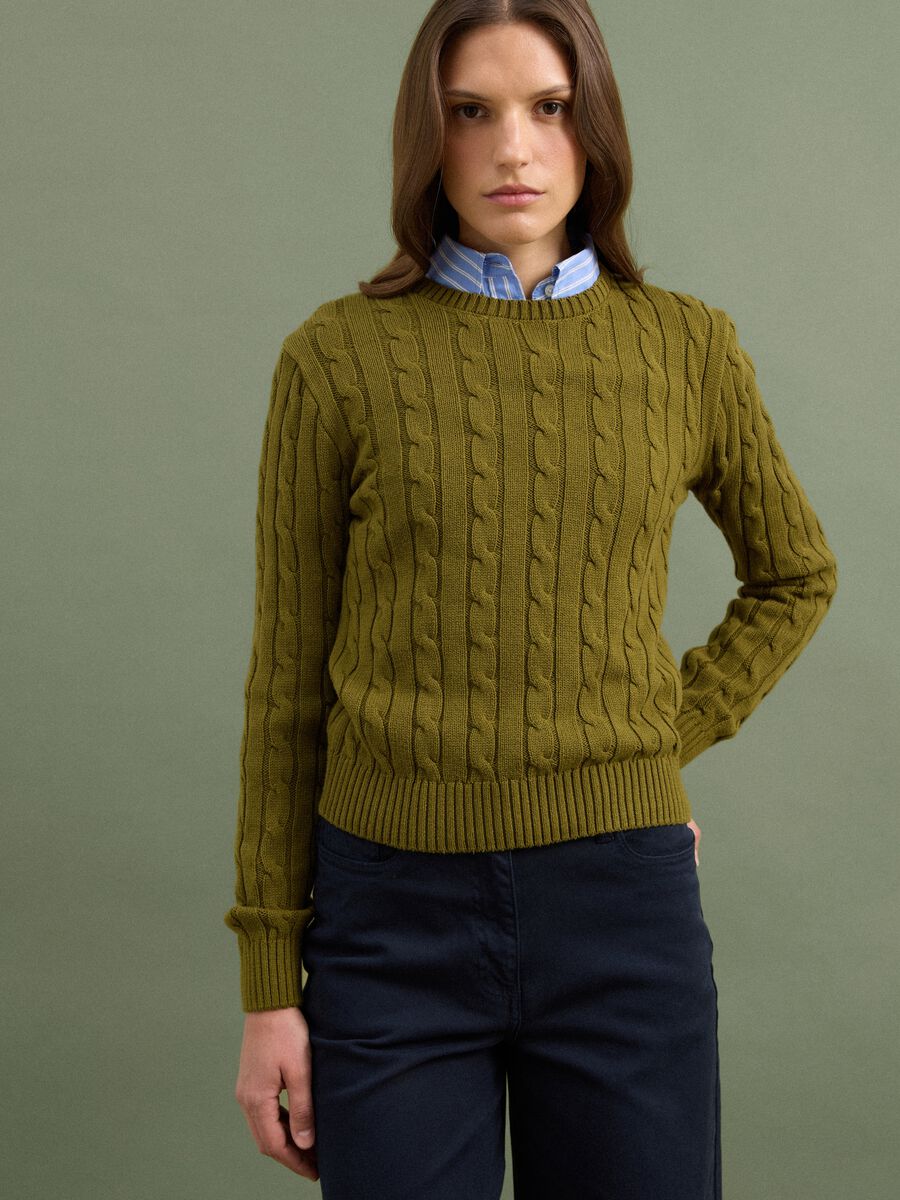 Maglia verde in puro cotone a trecce con girocollo_1