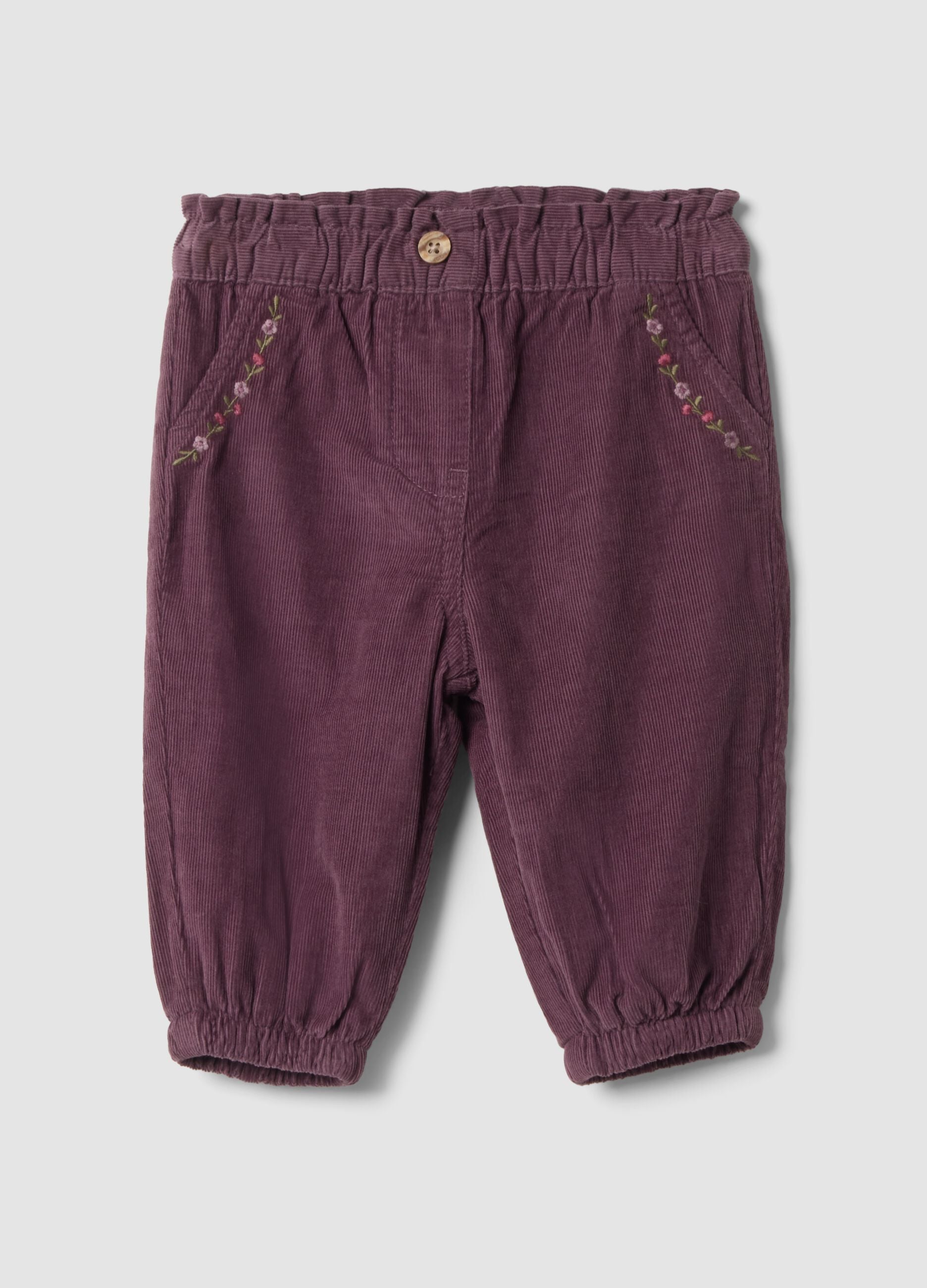 Purple pure cotton trousers with floral embroidery