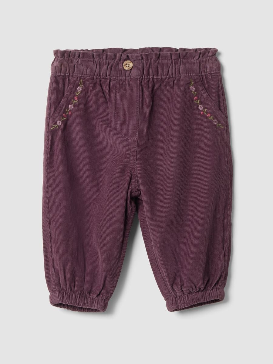 Purple pure cotton trousers with floral embroidery_0