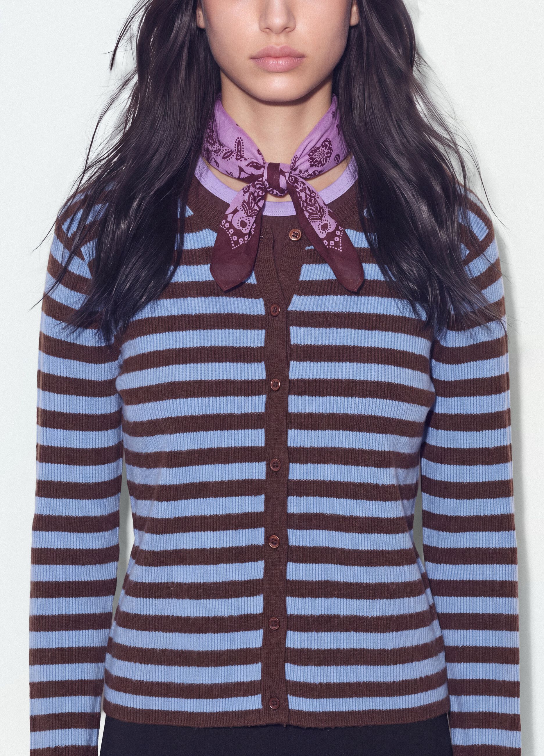 Cardigan azzurro girocollo in misto lyocell e lana a righe over fit