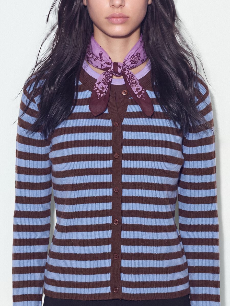 Cardigan azzurro girocollo in misto lyocell e lana a righe over fit_4