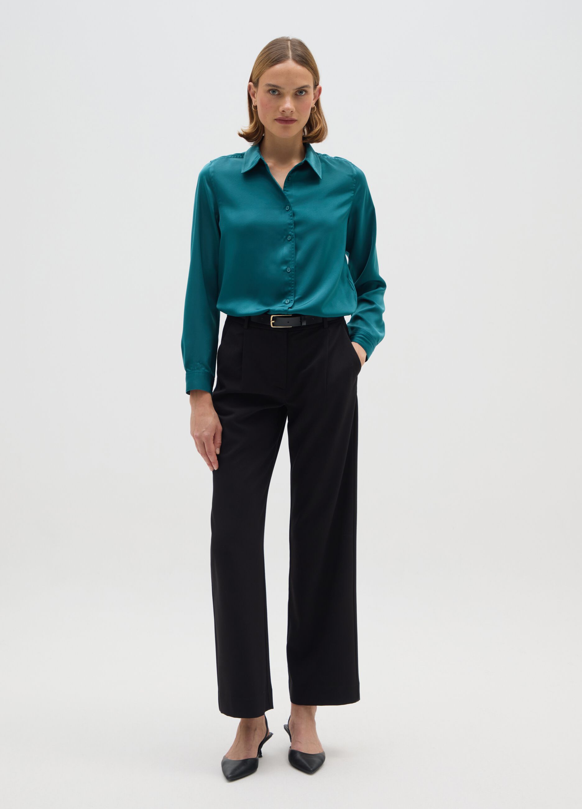 Regular Fit Green Satin Shirt