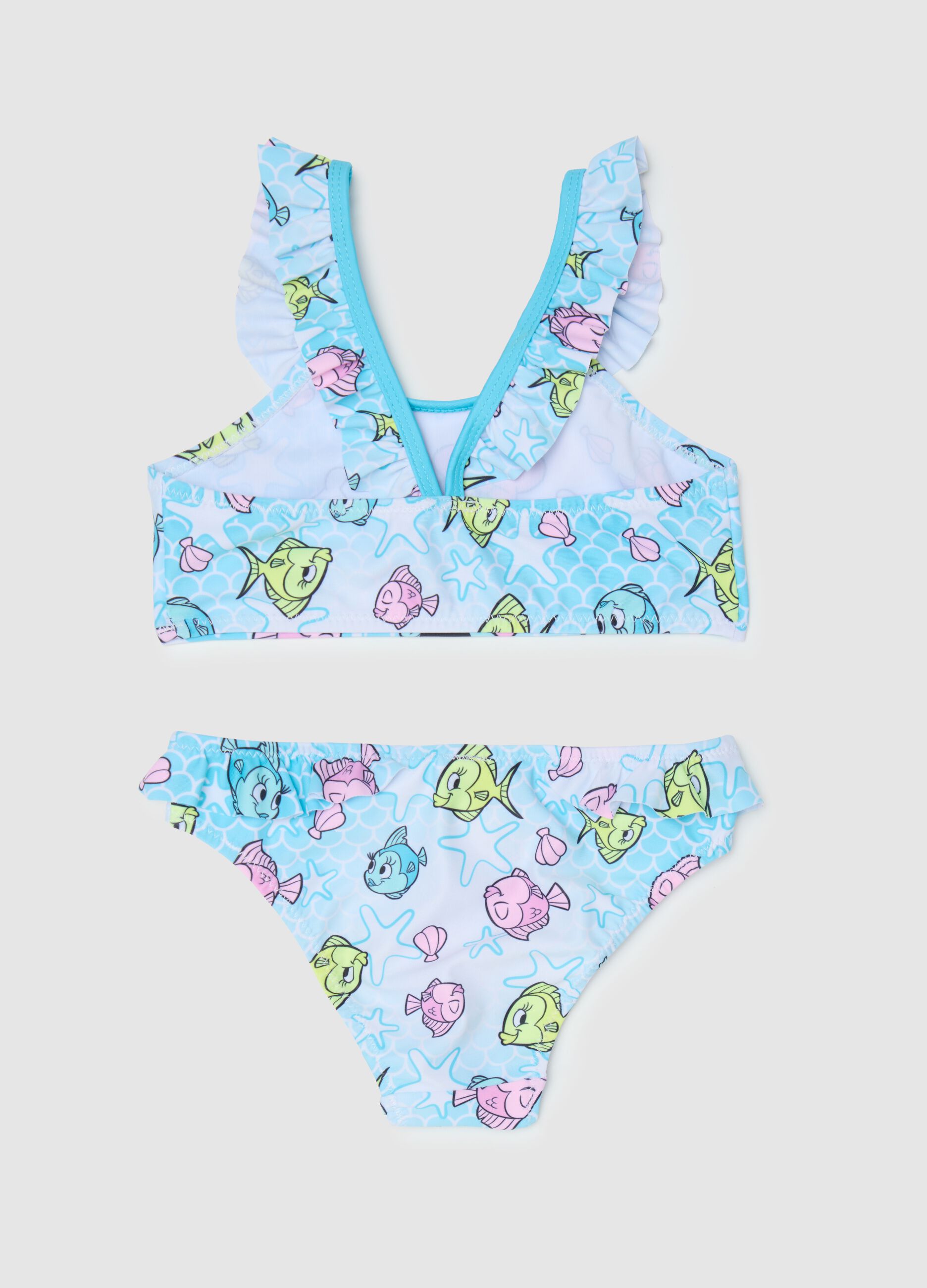 Girls’ bikini in multicoloured stretch fabric with Minnie Mouse print and underwater design