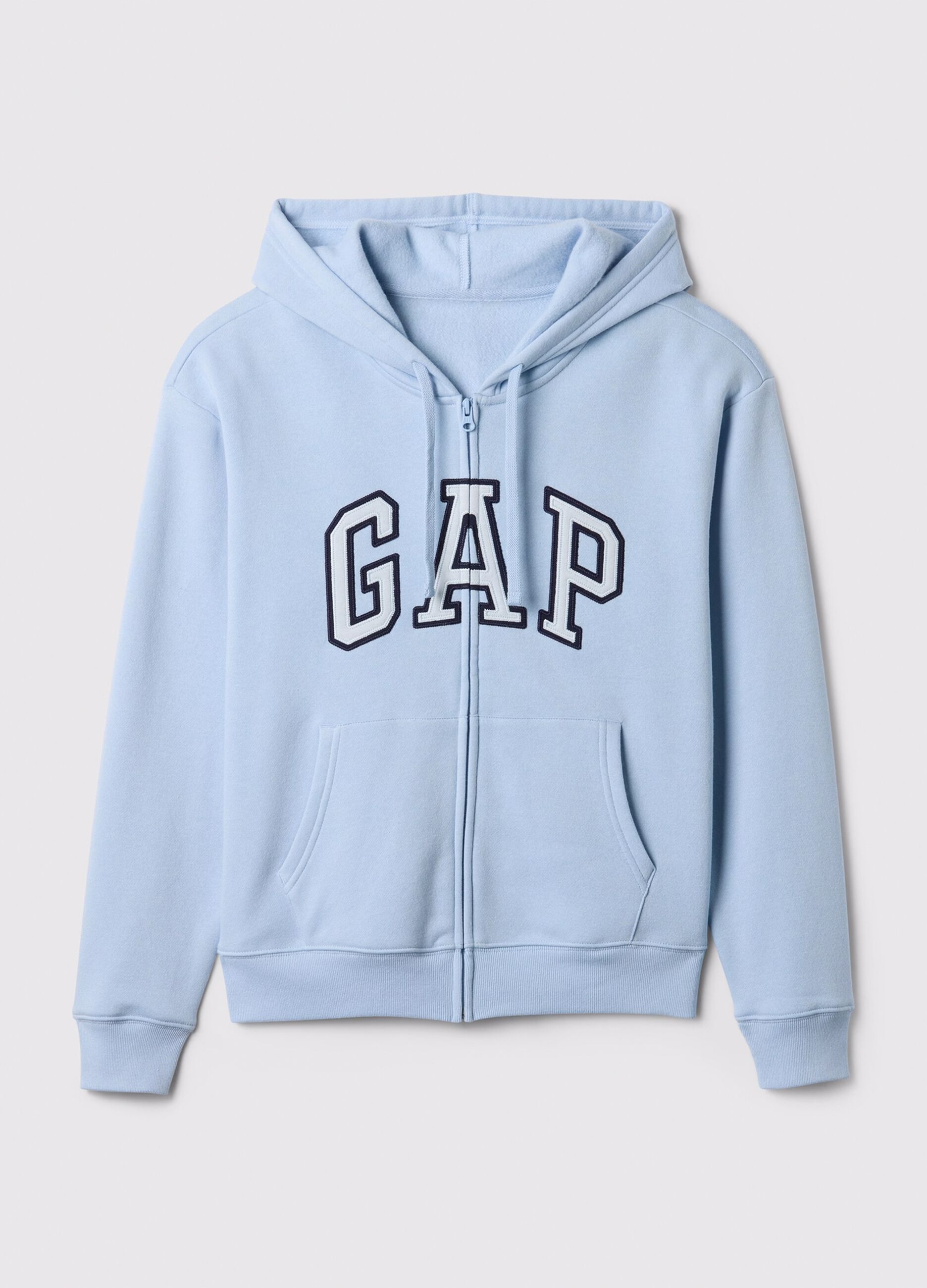 Light blue full-zip sweatshirt with hood and logo