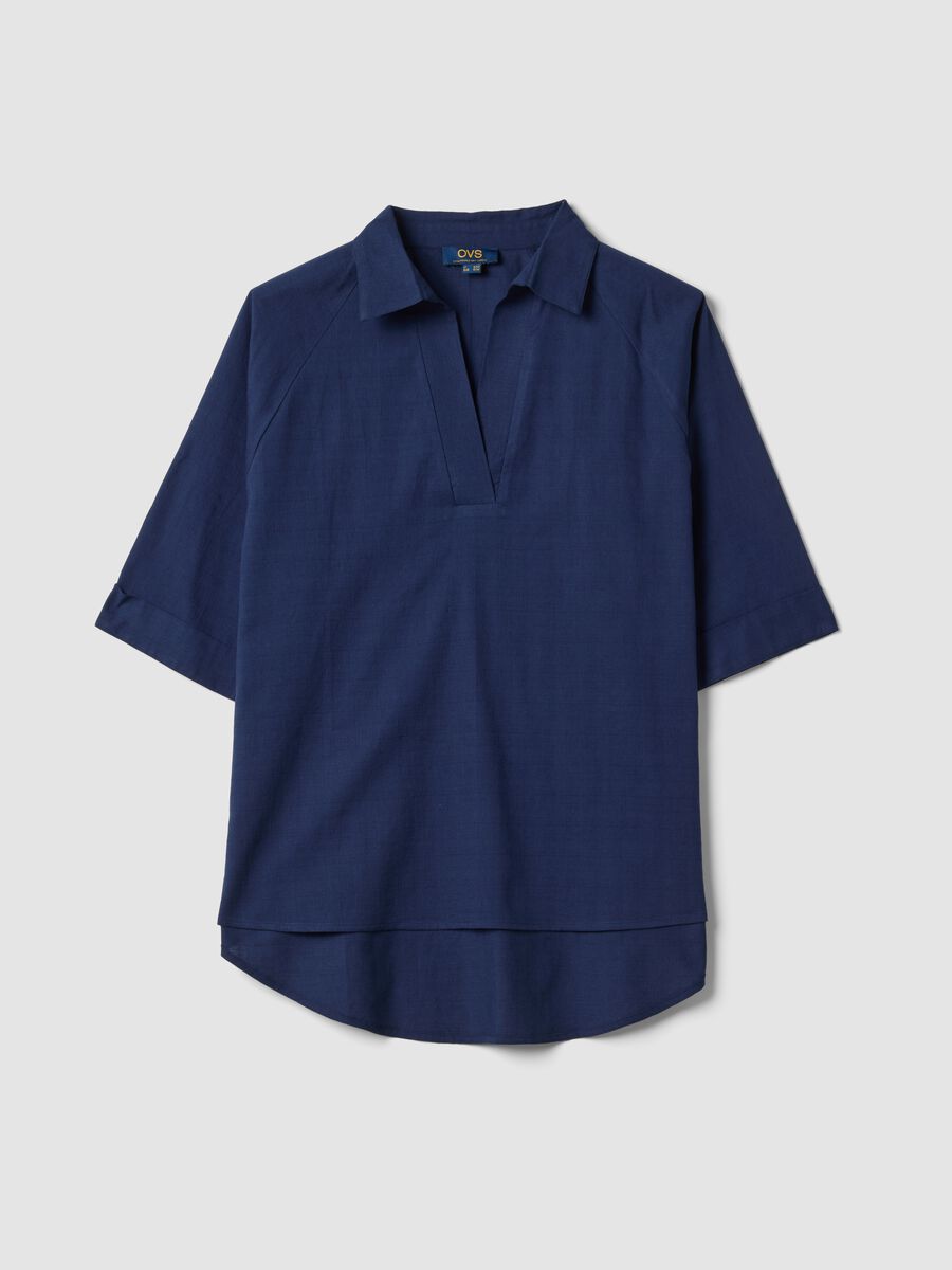 Blue pure cotton V-neck top_4