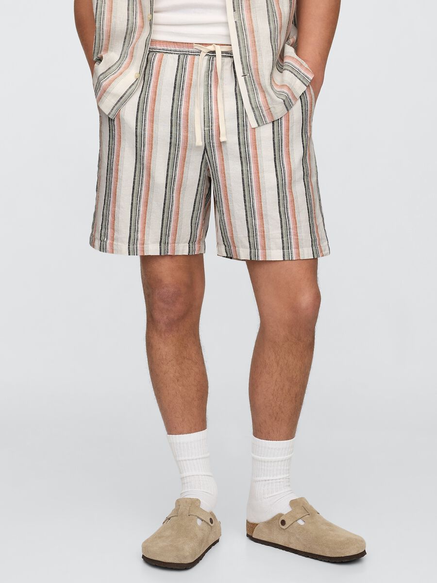 Multicolour Striped Cotton and Linen Blend Shorts_1