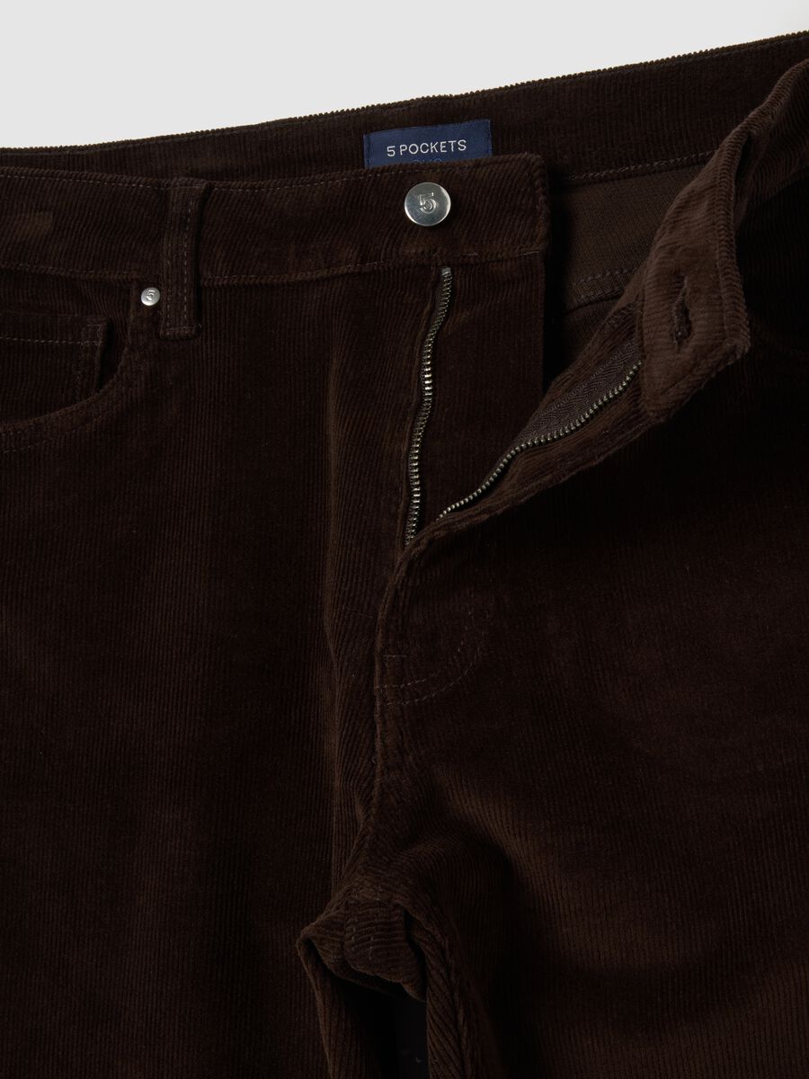Brown slim fit ribbed stretch cotton trousers_5