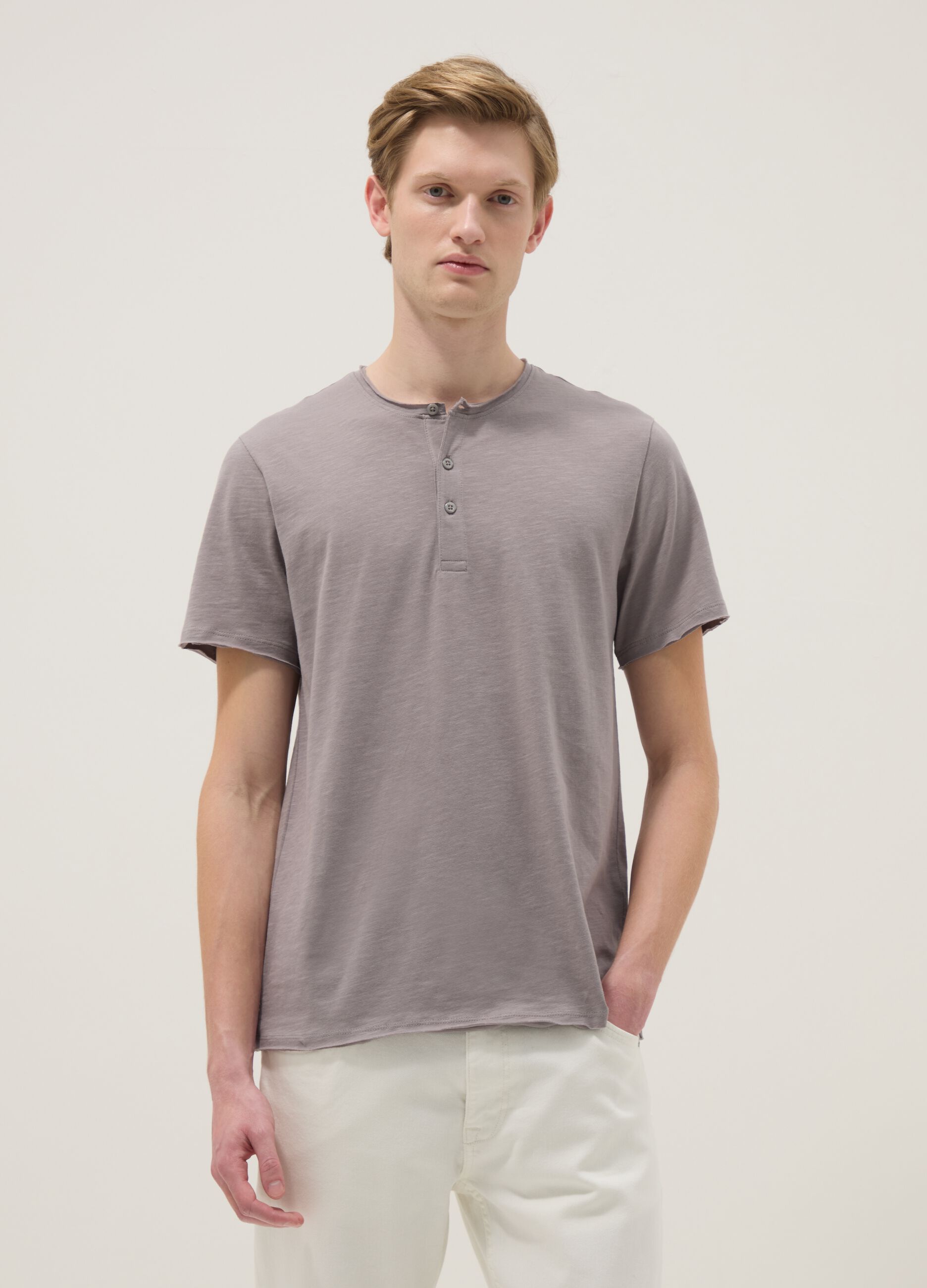 Grey pure cotton regular fit T-shirt with henley collar