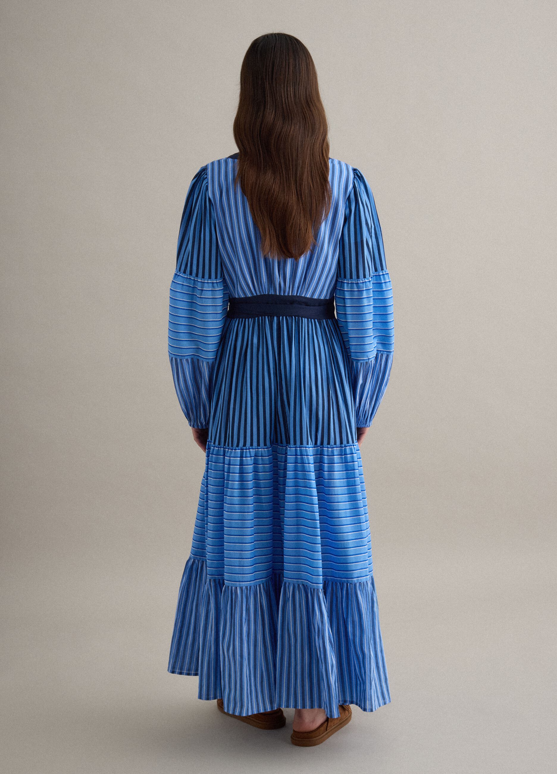 Multicolour striped pure cotton dress with regular fit and V-neck
