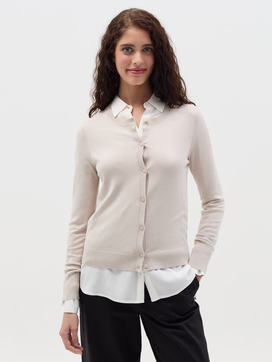 Solid colour cardigan with round neck_0